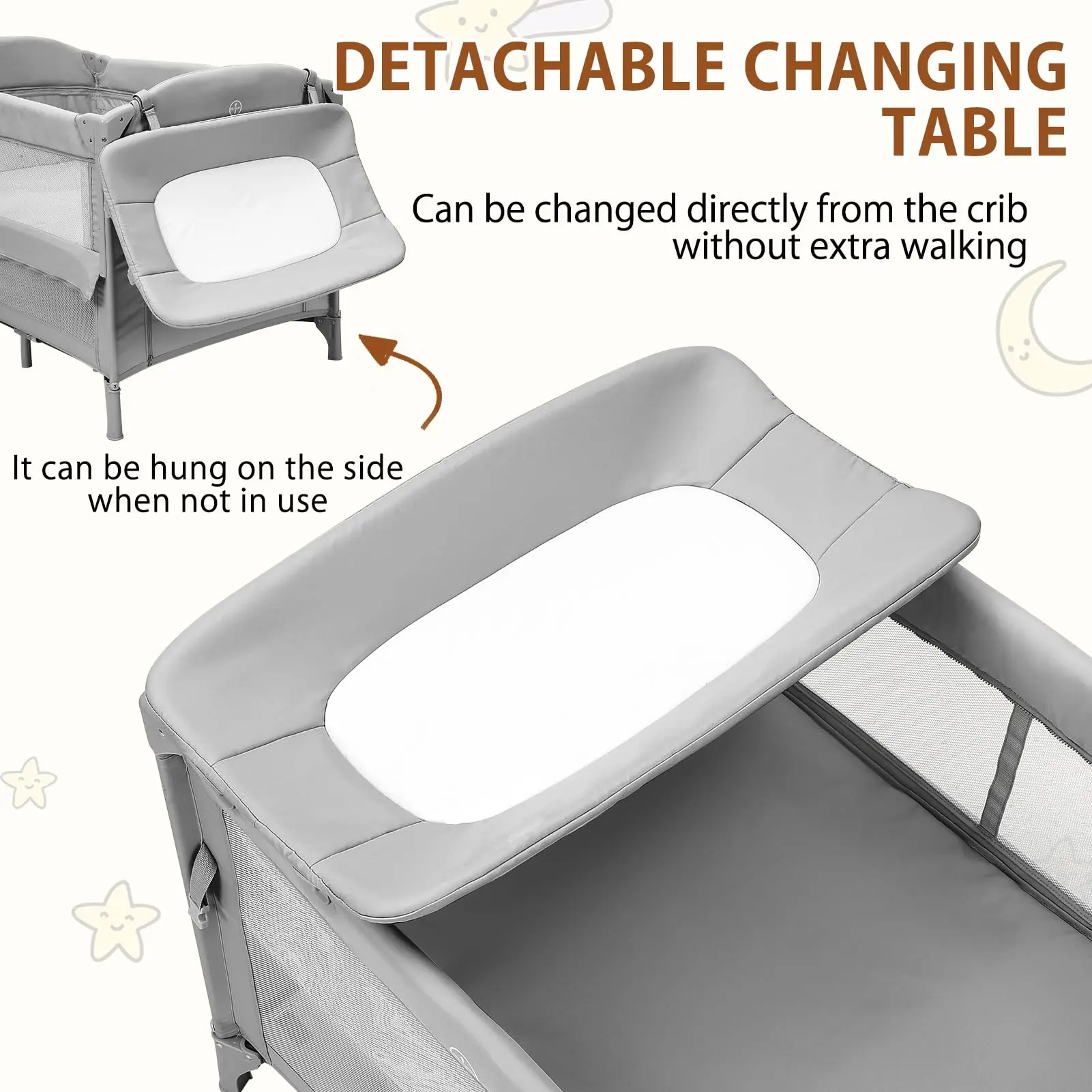 Versatile 5-in-1 Pack and Play - Baby Bassinet, Bedside Sleeper, Portable Crib with Diaper Changer, Playard, Hanging Toy, Grey