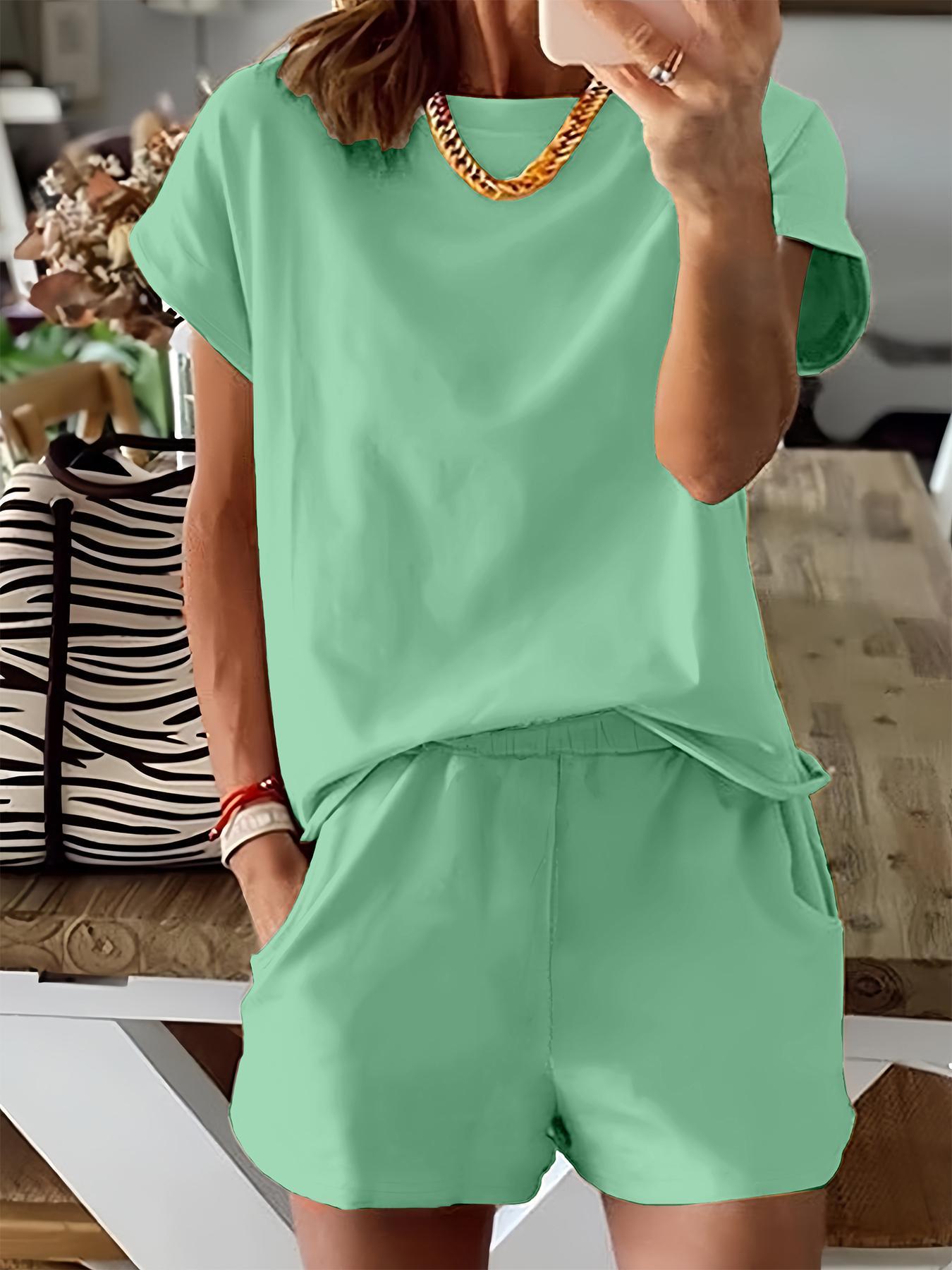 Women's Summer Short Sleeve Plain Set, Slim-Fit Natural Waist Design, Regular Length Pants & Tops, Perfect for Casual Wear
