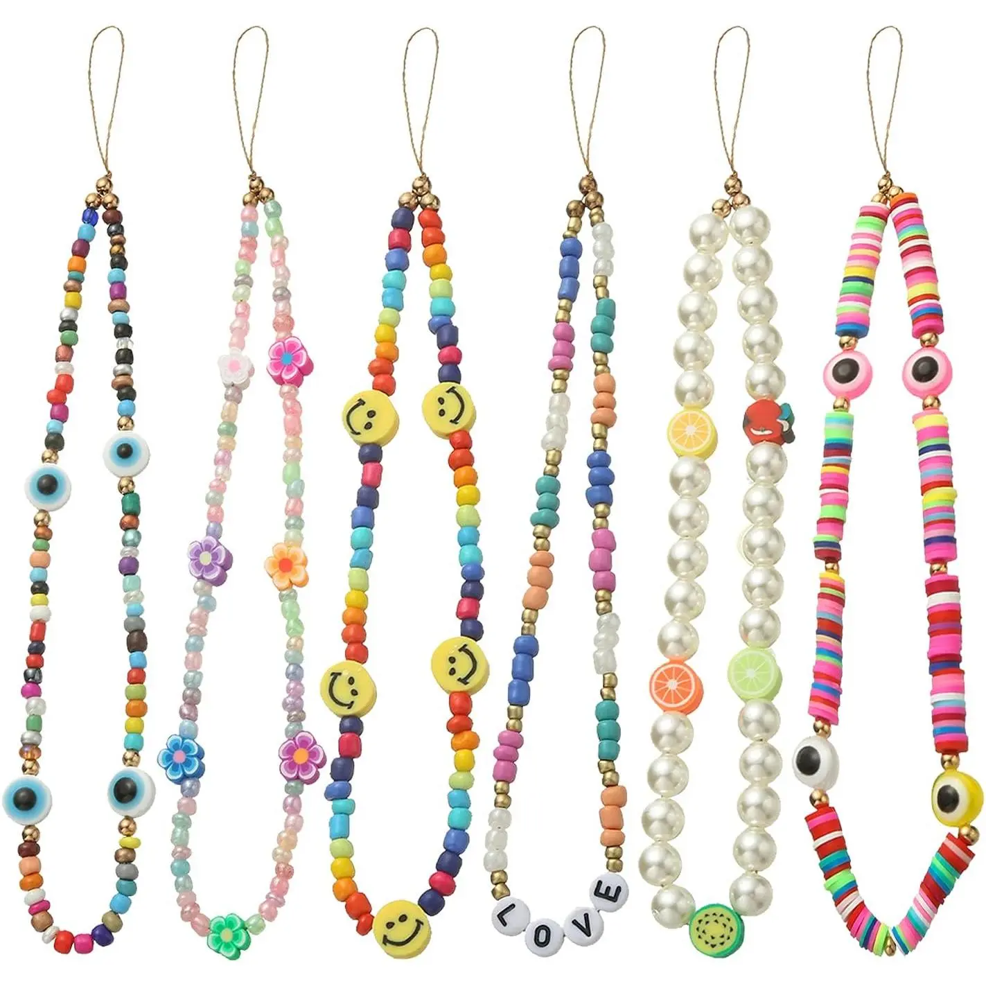 6 count Beaded Phone Charms Strap Fruit  Faux  Rainbow Beads Phone Chains Beaded Lanyard for Camera Key Wallet Valentines Day Gifts for Her Women