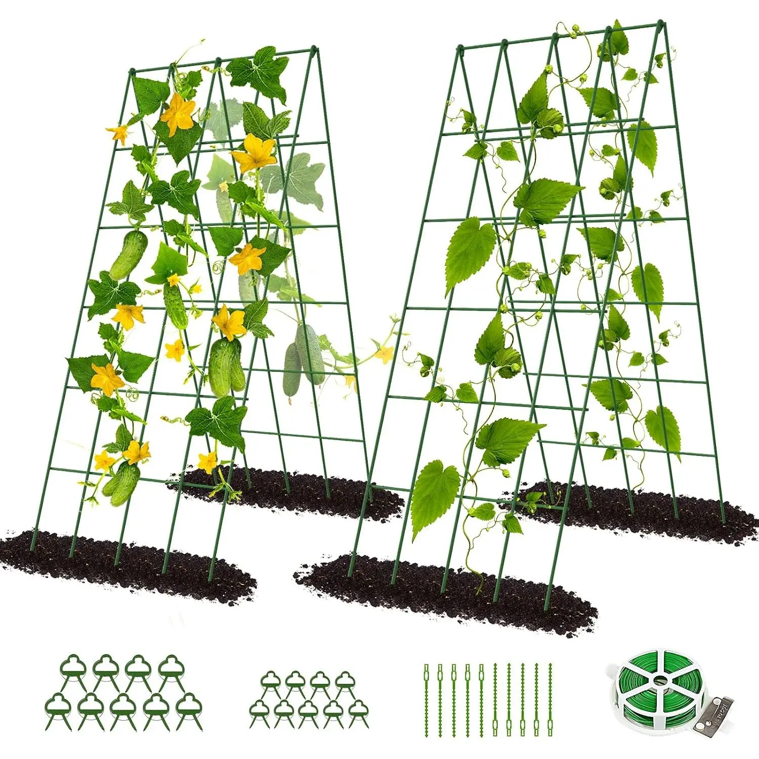 Cucumber Trellis, 2 Pack Foldable A Frame Trellis for Raised Bed Climbing Plants, Vegetables, Includes Plant Support Clips, Twist Ties, Plastic Ties- Made from PVC-Coated Steel