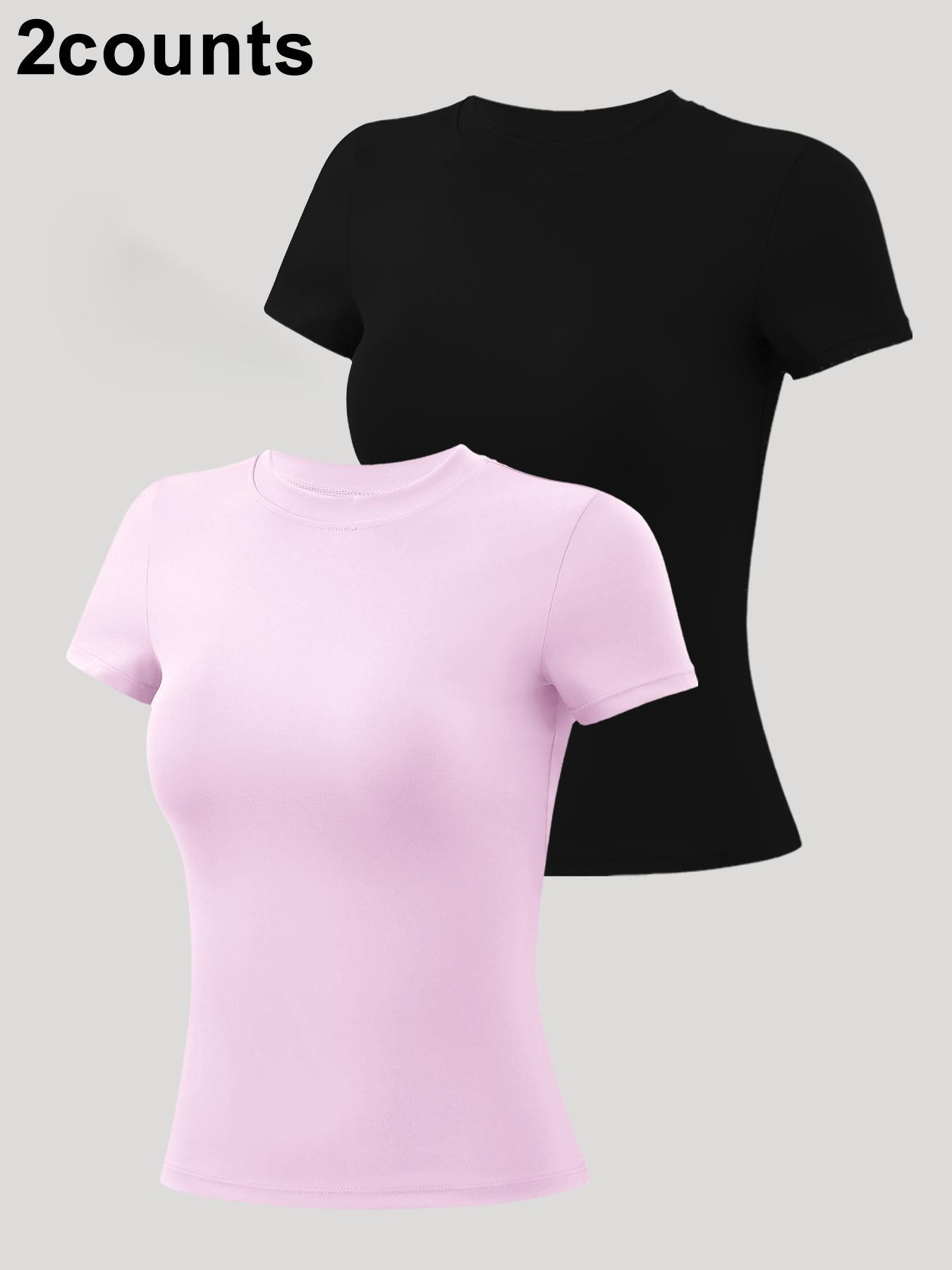 5 Women's Patchwork High Elastic Soft & Comfortable Round Neck Flat Shoulder Short Sleeve Yoga Clothes, Athletic Activewear, Four Seasons Outdoor Running, Cycling, Mountain Walking, Home T-shirt Gym Training