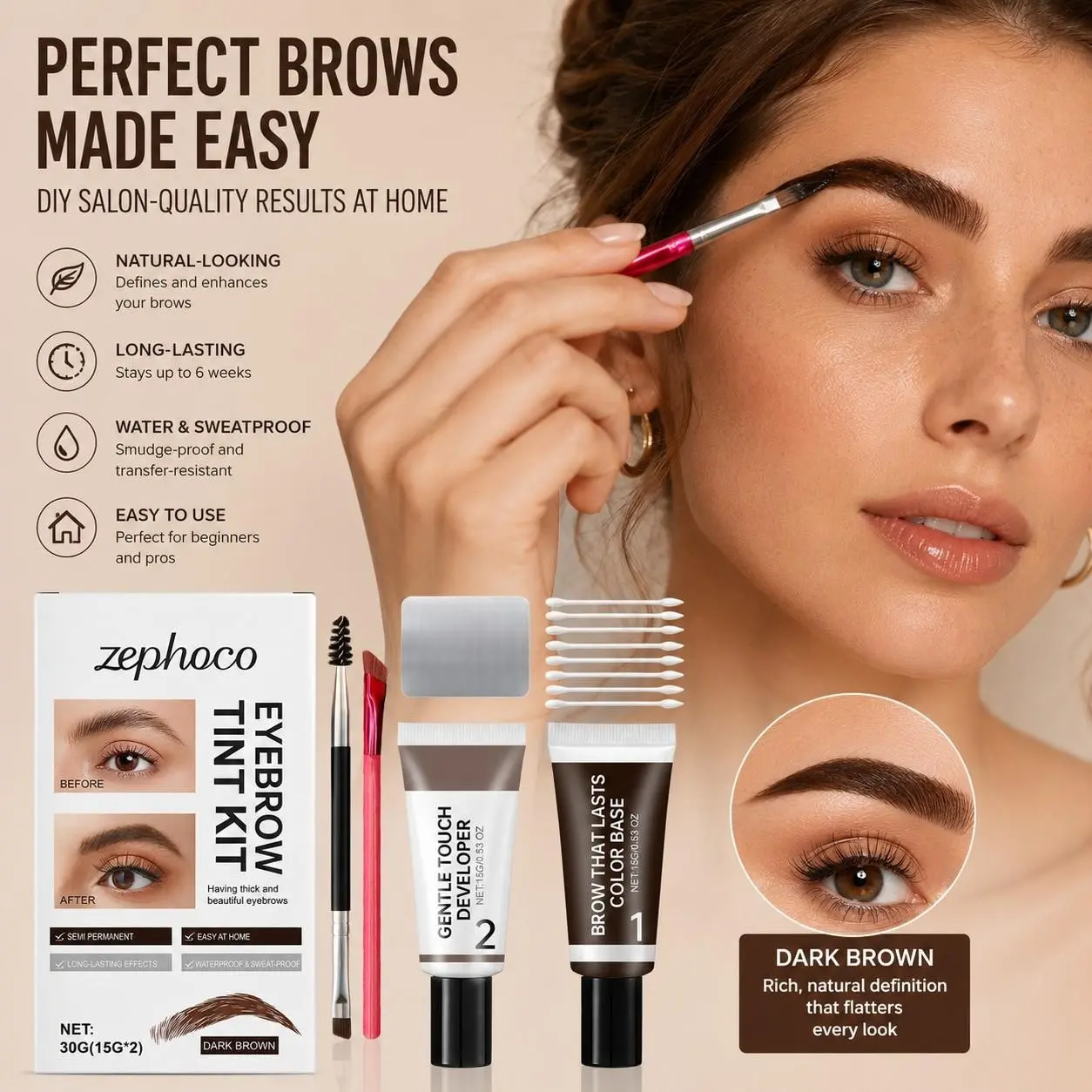 Professional Eyebrow Tint Kit, waterproof sweatproof long lasting brow cream, smooth texture to fill brows, create natural daily delicate eyebrow makeup