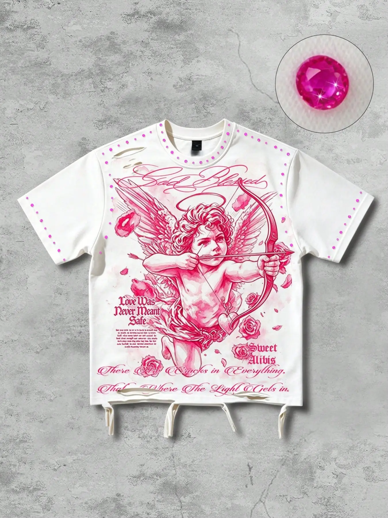 Romantic pink rhinestone god blessed cursive lettering, Graphic cotton T-shirt short-sleeved men's same style sketch pink angel archery hole cut retro short-sleeved female summer sweet wings Y2K men's T-shirt street fashion brand hip-hop sweet street