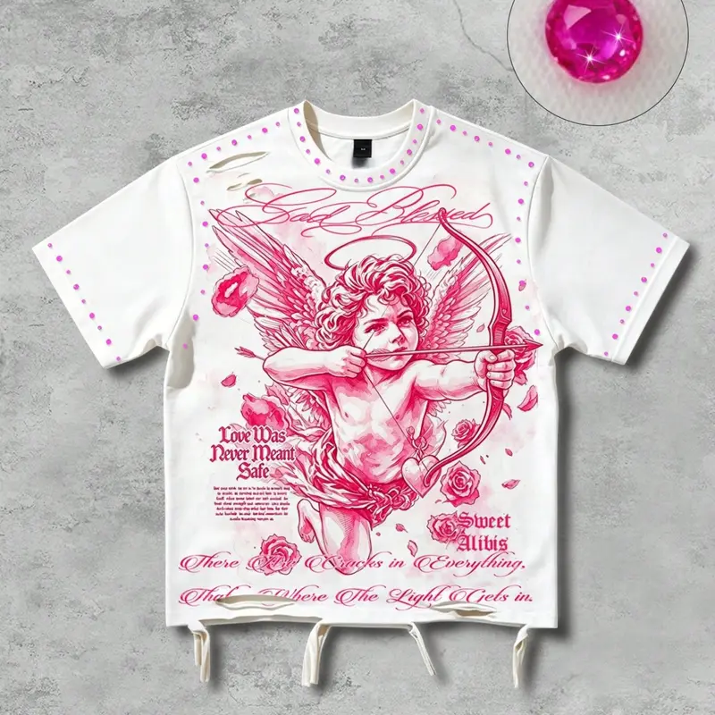 Romantic pink rhinestone god blessed cursive lettering, Crew Neck Graphic Print cotton T-shirt, Loose short-sleeved sketch pink angel archery hole cut retro female summer sweet wings Y2K street fashion brand