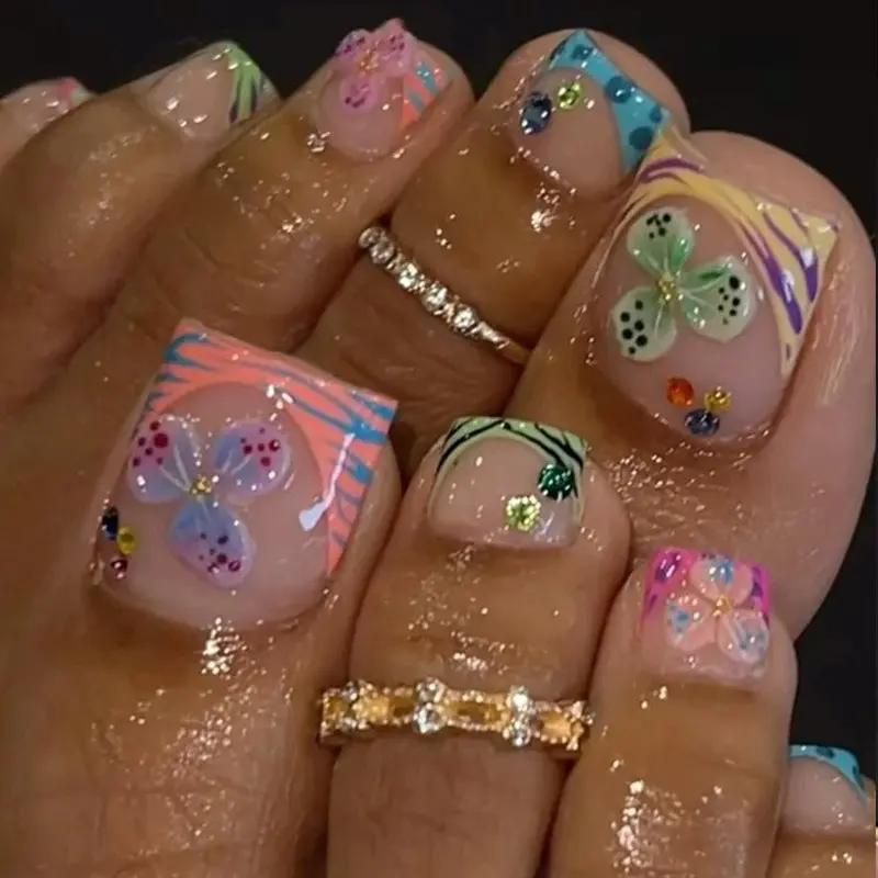 🏖️ 【Summer Beach Sandal Ready】Colorful 3D Flower Press on Toenails