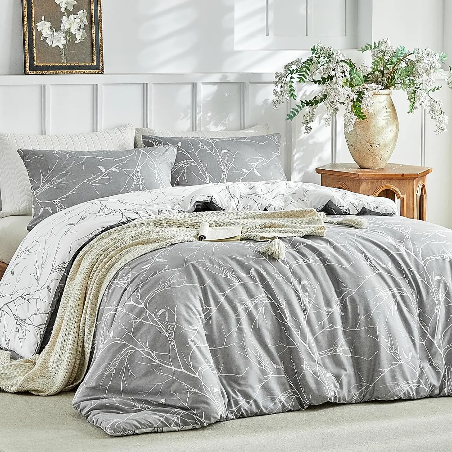 Reversible Duvet Cover King Size, Grey White Branch Comforter Cover King 3pcs Microfiber Botanical Bedding Set with Zipper Closure Corner Ties| Zipper Closure, 8 Ties, Soft Microfiber Breathable, Machine Washable, 104" X 90",with 2 Pillowceses 20" X 36"