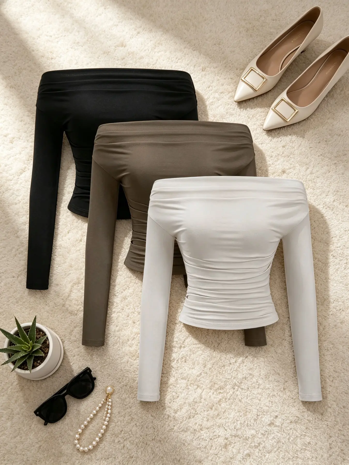 Women's Off-Shoulder Long Sleeve Short Top Three-Piece Set, Elegant Fitted Blouse for Daily Wear, Casual Fall & Winter Fashion