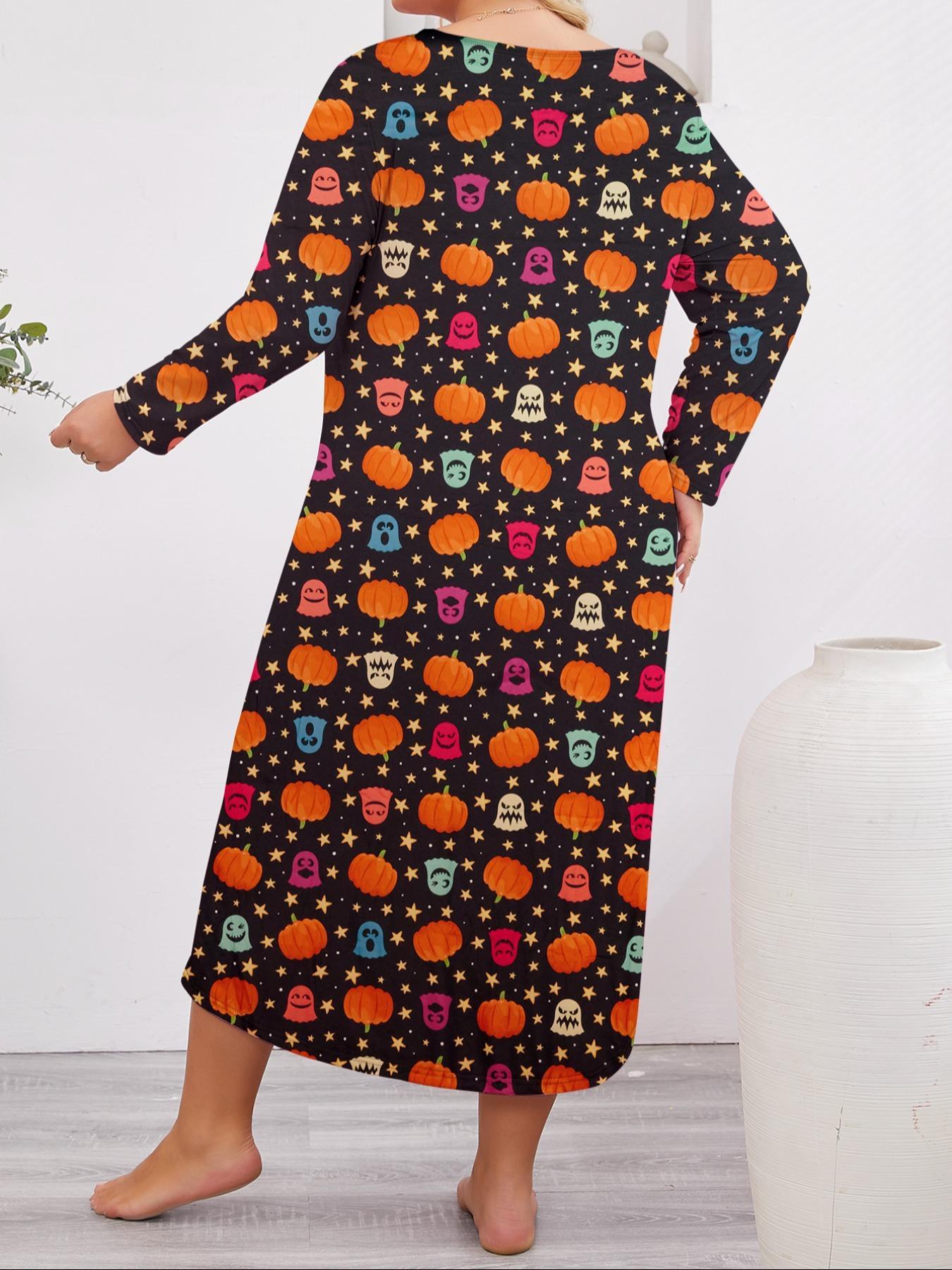 Plus Size All Over Print Round Neck Nightdress, Casual Long Sleeve Nightgown, Women's Sleepwear for Spring & Fall