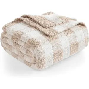 Checkered Throw Blanket for Couch, Super Soft Cozy Warm Knit Netural Decorative Fluffy Blankets, Reversible Buffalo Plaid Microfiber Throws for Sofa Bed, Plaid Beige, 50x60 Inches