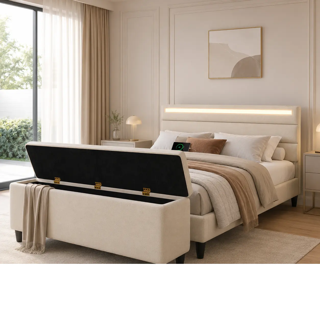 Modern Beige Upholstered Bed Frame, RGB LED Lights with App & Remote Control, Built-in 5-Port Charging Station, Foot Storage Bench, Heavy Duty Noise-Free Wood & Metal Platform Bed, Easy Assembly