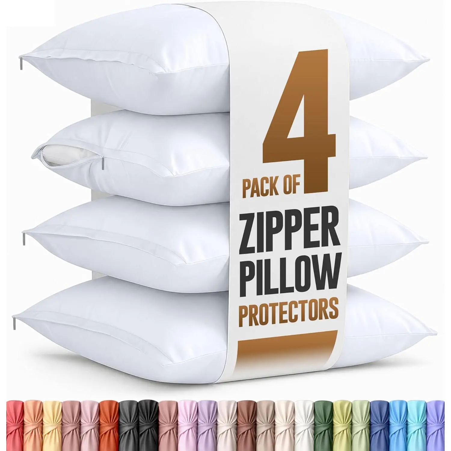 4 Pack Pillow Protectors with Zipper Standard Size, Soft Brushed Microfiber Fabric Pillow Cases, Shrinkage and Fade Resistant Pillow Covers (White)
