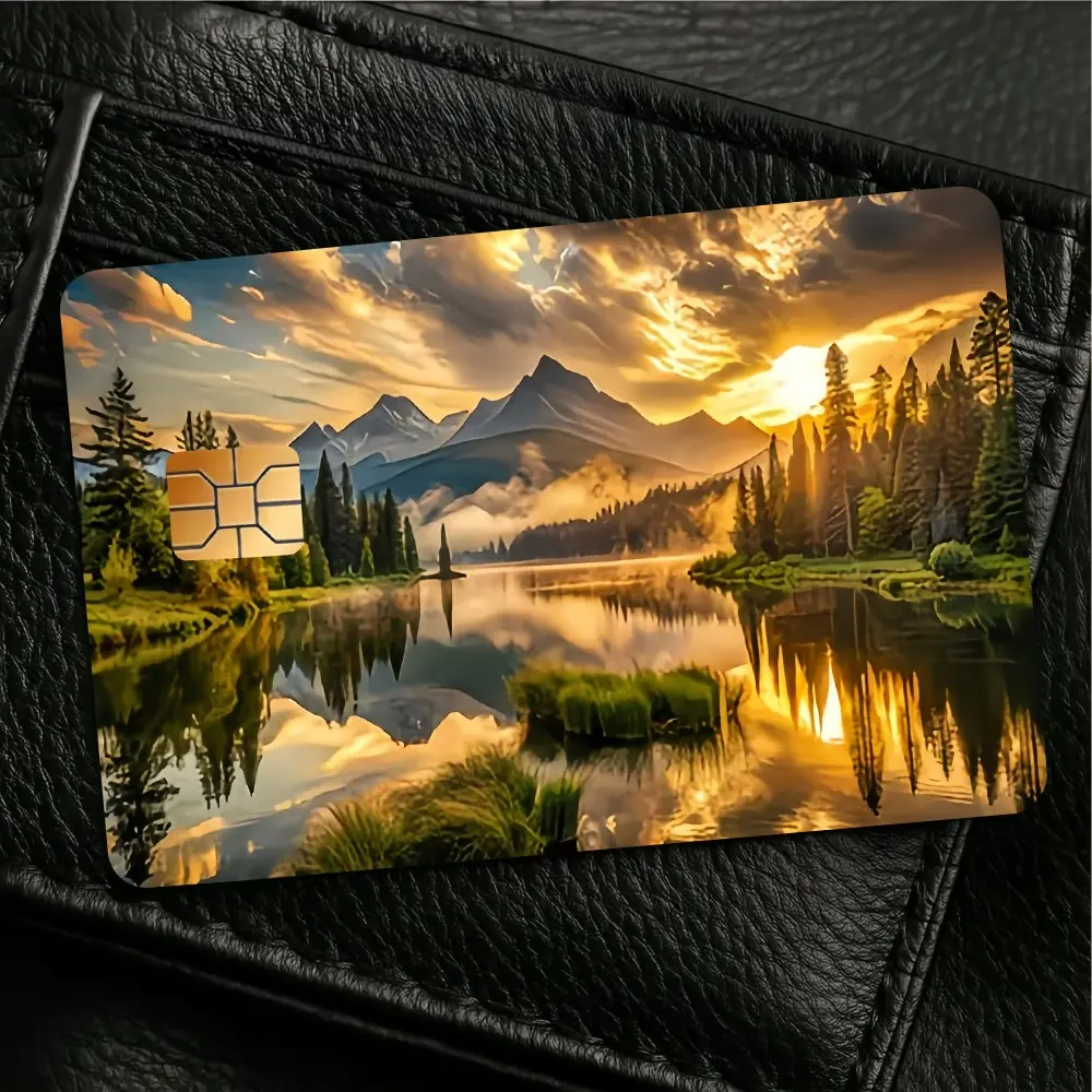 2 Golden Sunset Mountain Lake Forest Card Stickers, Waterproof Scratch-Resistant Fingerprints, Full Coverage Credit Card Protector