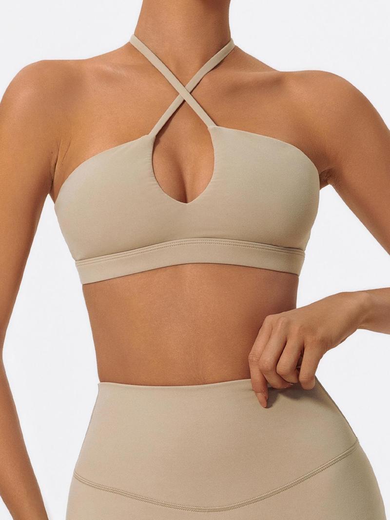 Women's Solid Color Criss Cross Athletic Fitted Sports Bra, High Stretch Breathable Comfortable Quick Drying Adjustable Spaghetti Strap Backless Wireless Sports Bra, Ladies Sportswear for Indoor Outdoor Wear