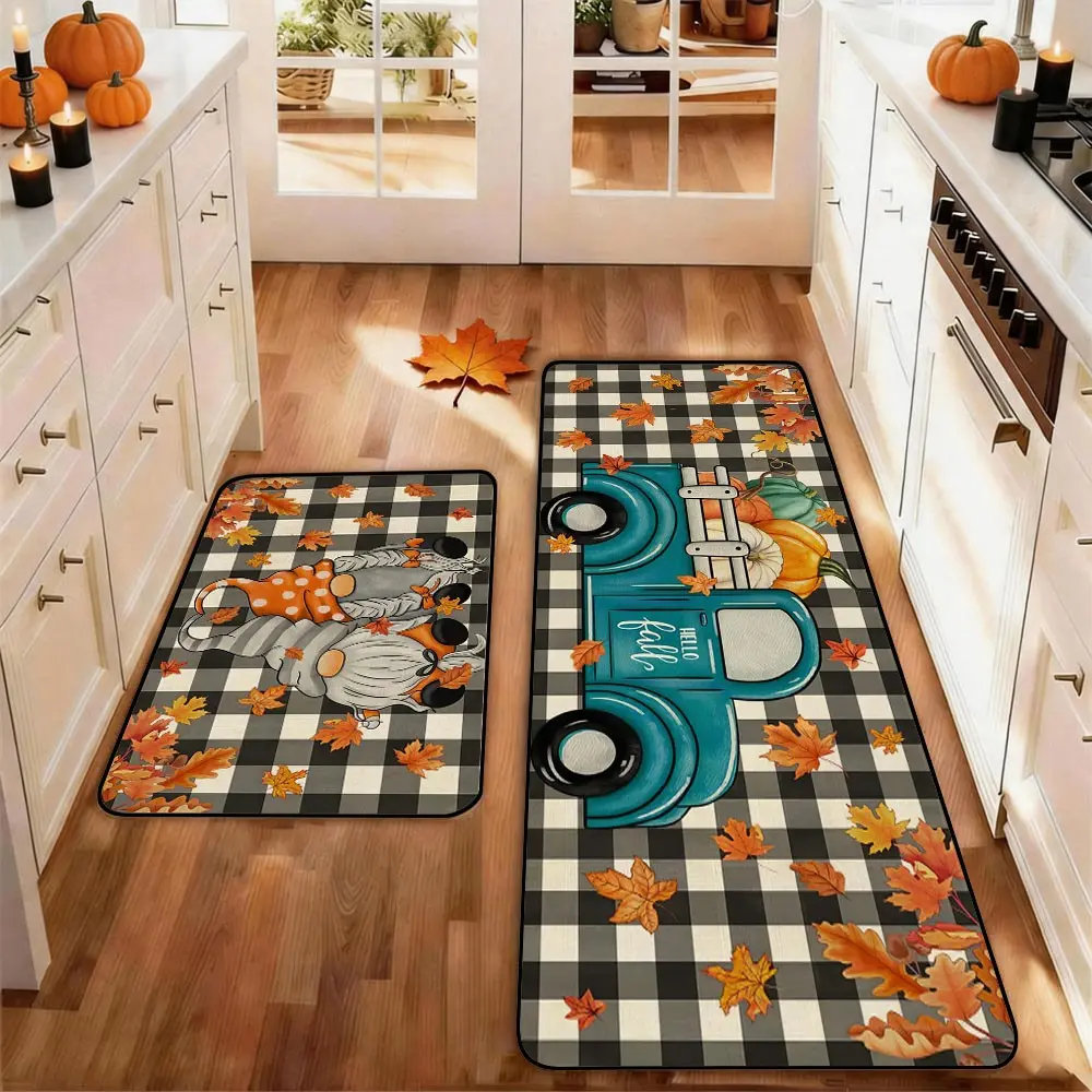 2pcs Thanksgiving Fall Kitchen Mat Gug Set with Pumpkin Maple leaves Pattern, Non-Slip Soft Low Profile,Floor Mat Set Farmhouse Kitchen Rug Dining Room Flooring Laundry Room Decor Carpet Mat, Decorative Rug Mat