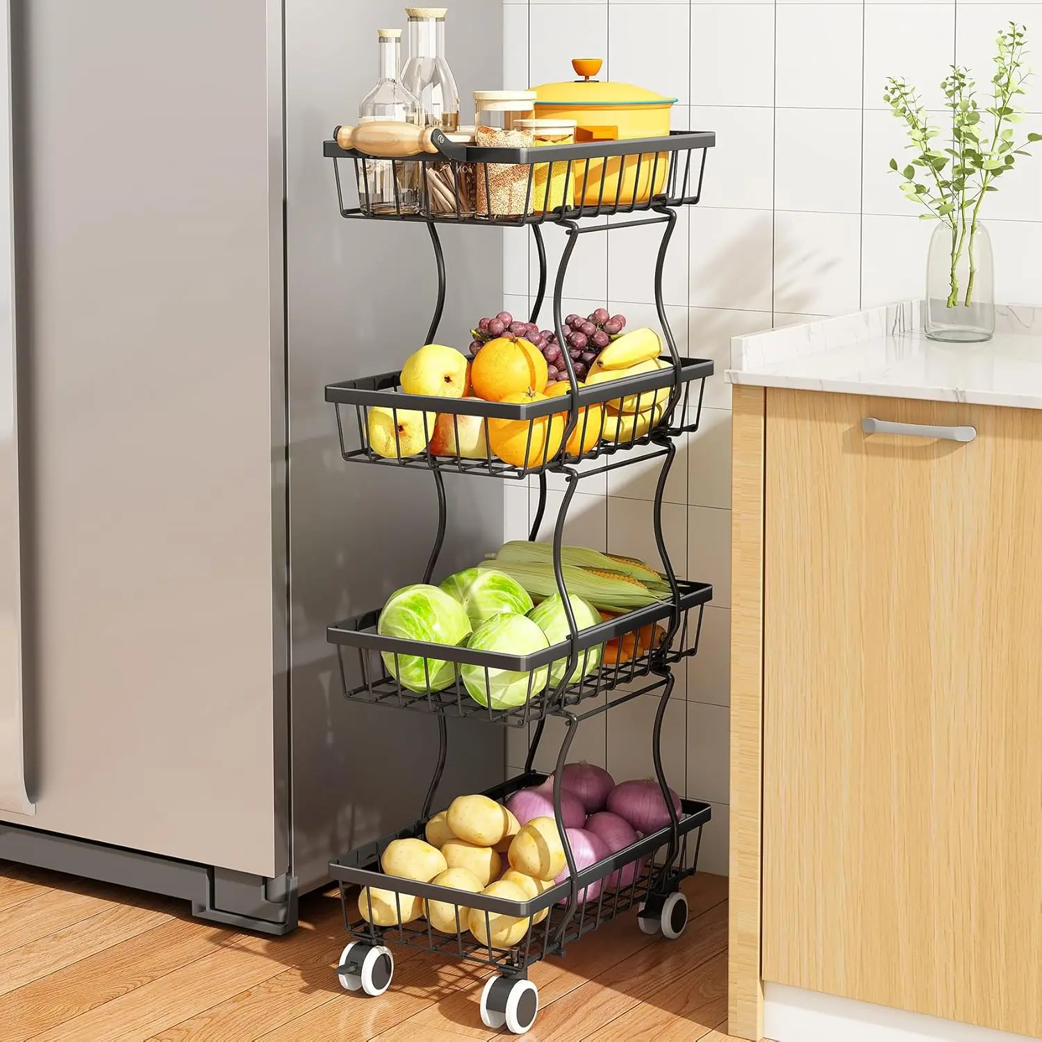 4-Tier Stackable Metal Wire Fruit Basket Rack - Home Organizer Shelf for Kitchen Pantry, Fruit, Vegetables, Snacks, Jars, Containers (Black), Racks