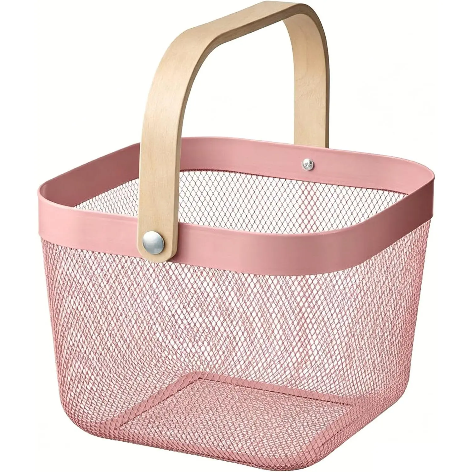 Metal Mesh Steel Basket, Storage Organizer Basket Multi-functional  Kitchen Baskets Fruit Baskets with Wooden Handle for Kitchen Bathroom Picnic Shopping Decor Cabinet , Rose