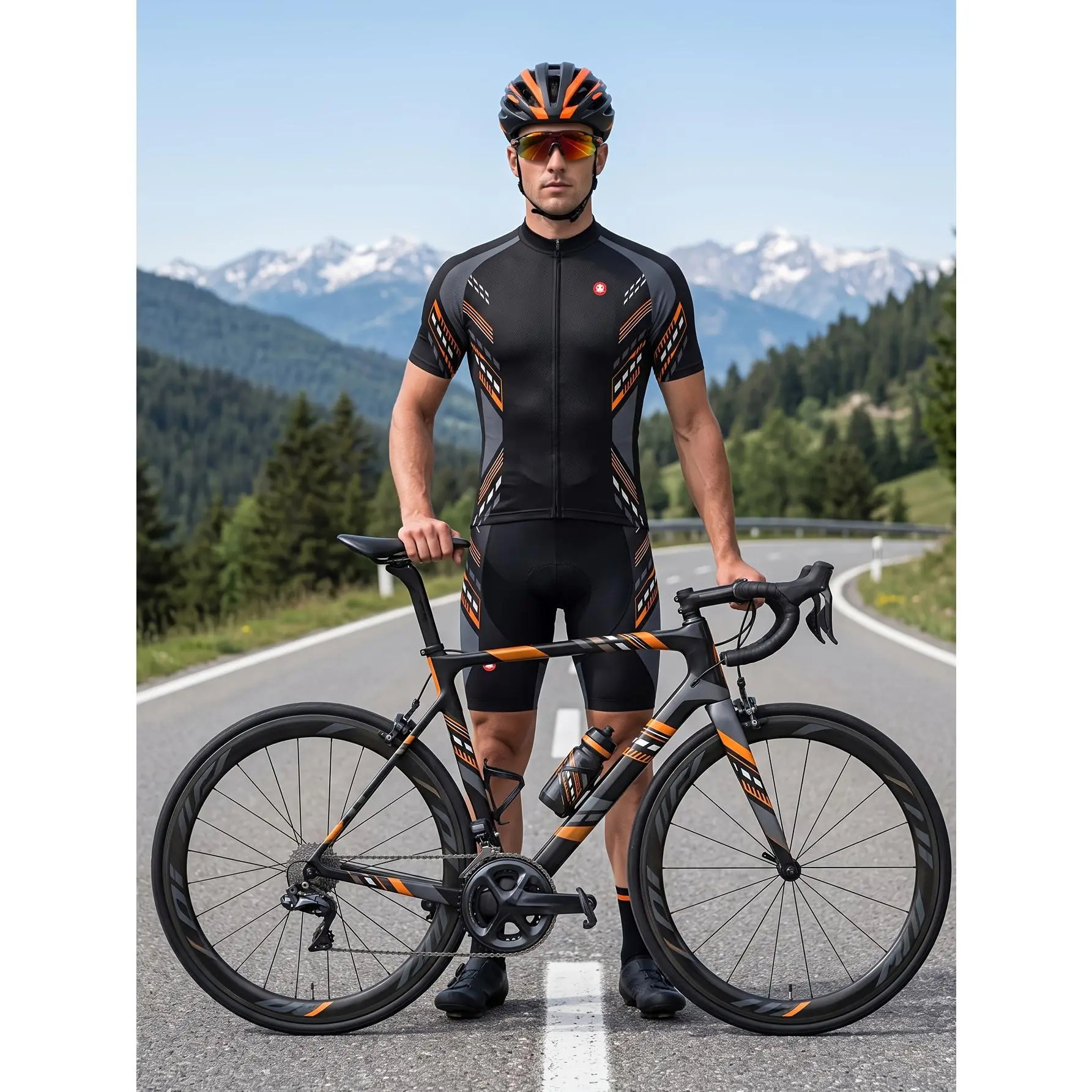 Men's fluorescent green geometric-patterned comfortable cycling set, featuring a breathable bike vest and quick-drying compression shorts with three back pockets and 20D thick padding liner