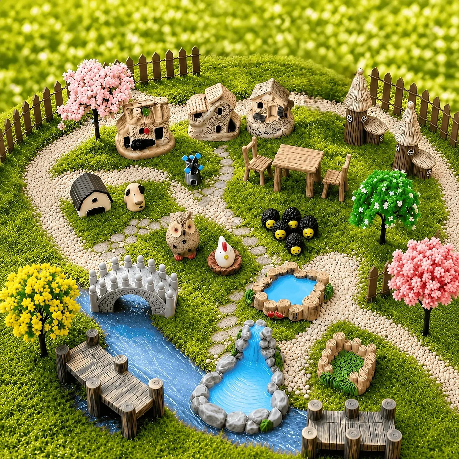 33-Pieces Synthetic Fairy Garden Kit - Outdoor Safe Fairy Kits with Figurines, Fences & Miniature Realism Terrarium Decor for DIY Landscapes, Outdoor Planters
