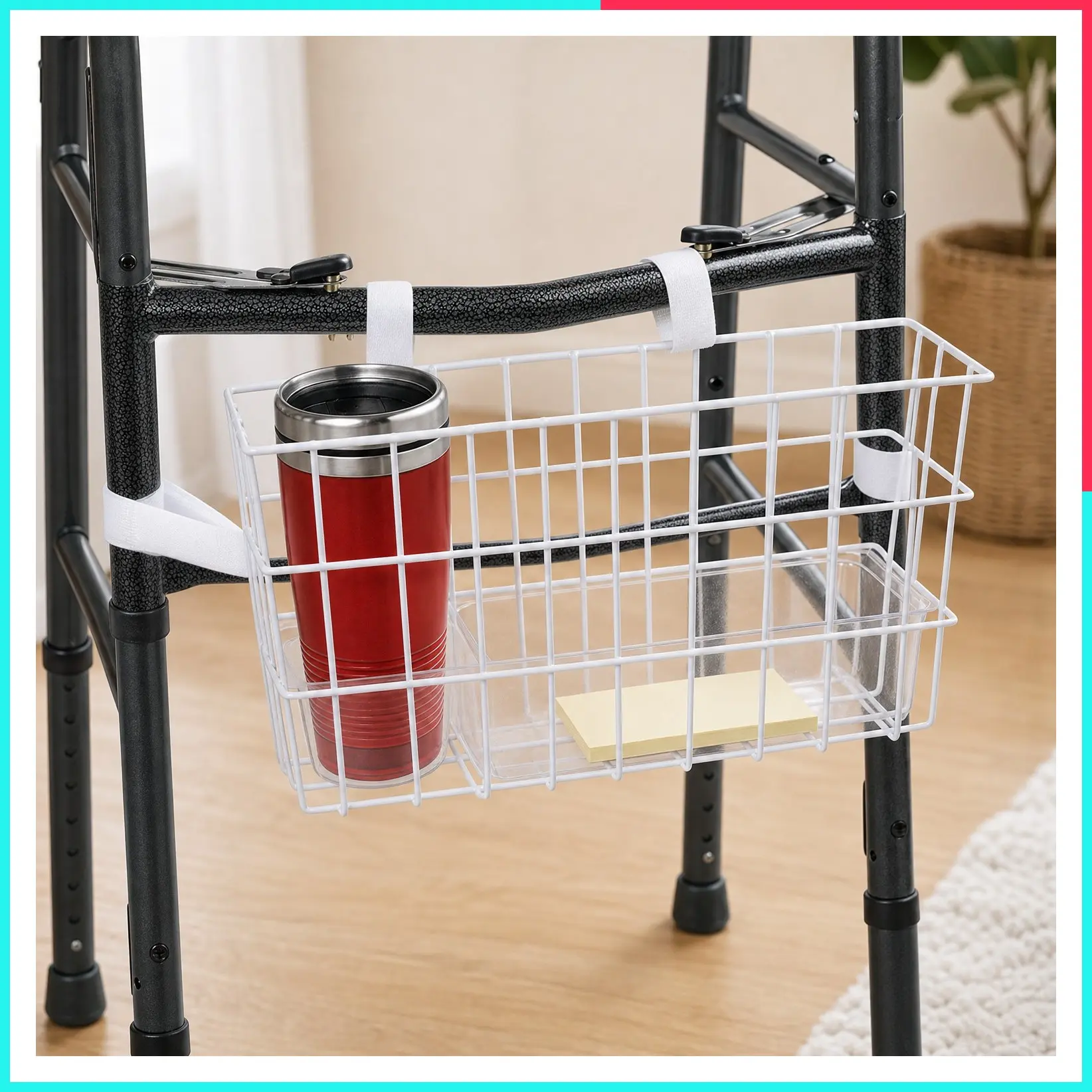 Durable Walker Basket with Cup Holder and Tray, No Tools Needed, Easy Installation Walker Accessories Bag for Folding Walker, 16x5.5x7 inches