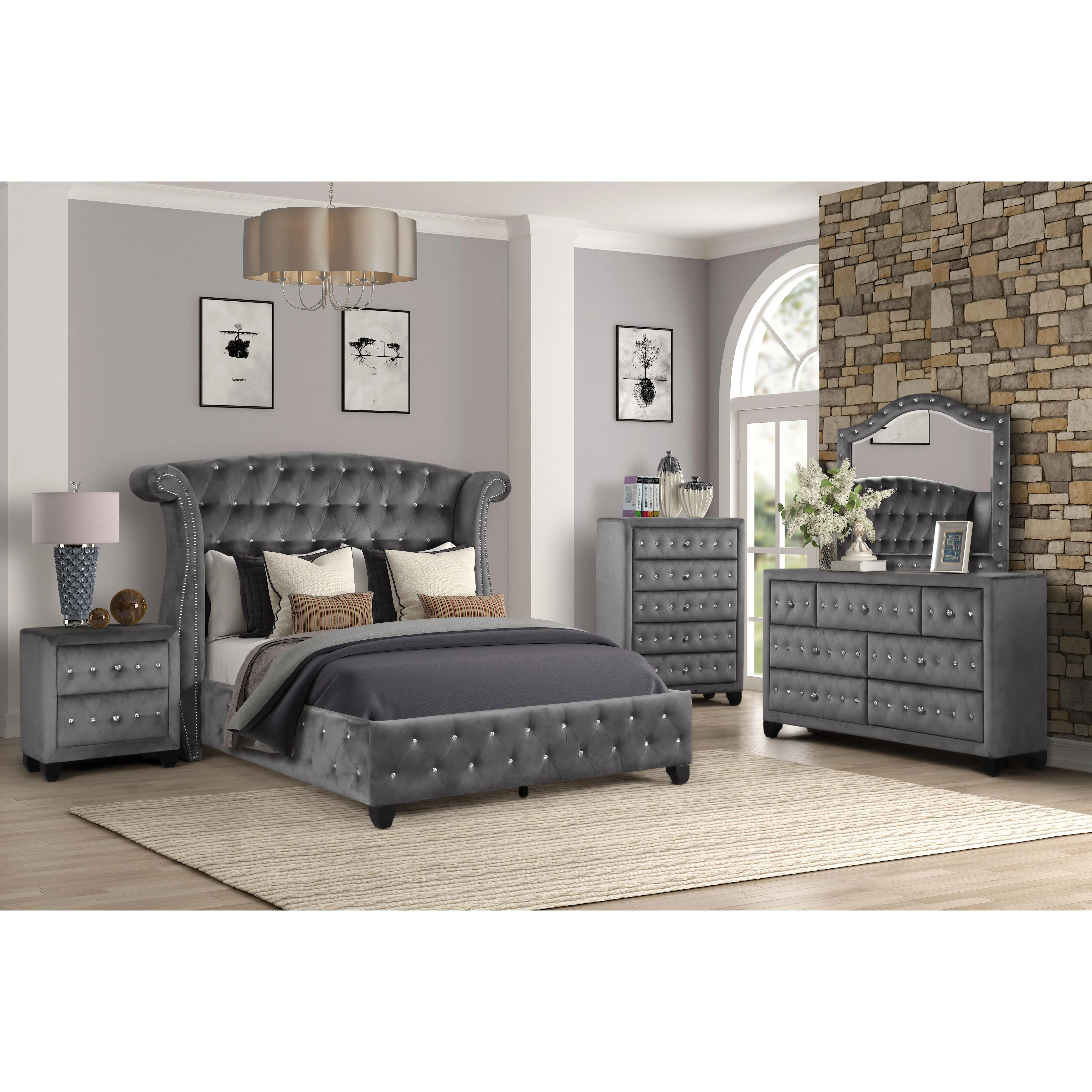 Nokaa Full Size 5-Piece Upholstered Bedroom Set with Wood Frame, Tufted Velvet Headboard, Acacia Wood & MDF Dresser, Dovetail Drawers, Ball Bearing Glides, Modern Contemporary Style, Box Spring Not Required, Gray, for Bedroom