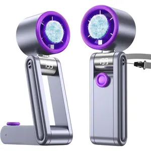 Portable Foldable Fan with Ice Cooling, 199 Speed Adjustable Handheld Fan Stand, 5500mAh Rechargeable Personal Fan with Digital Display and Lanyard, Summer Essential for Travel, Office, Outdoor,Grey