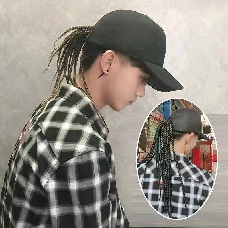 嘻哈朋克棒球帽配编织脏辫假发 - 可调节后扣,高温纤维材质,黑/棕色,长度分别为 35.05 厘米和 44.96 厘米,完美契合摩托车风格和都市时尚