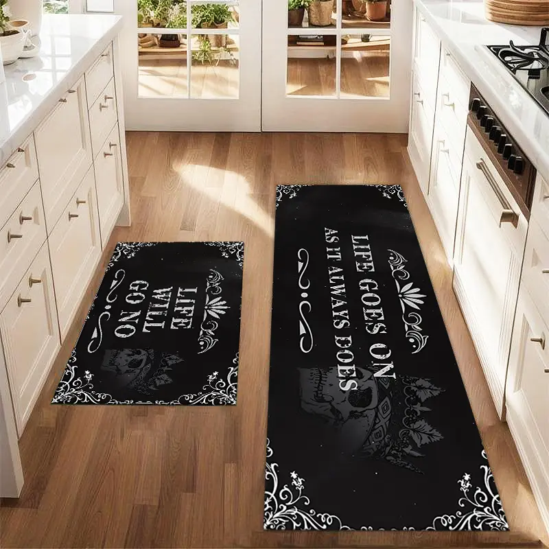 2Pcs Black Background Minimalist Letter Floor Mat Set, Suitable For Farmhouse Kitchen, Dining Room, Laundry Room, And Decorative Carpet Pad
