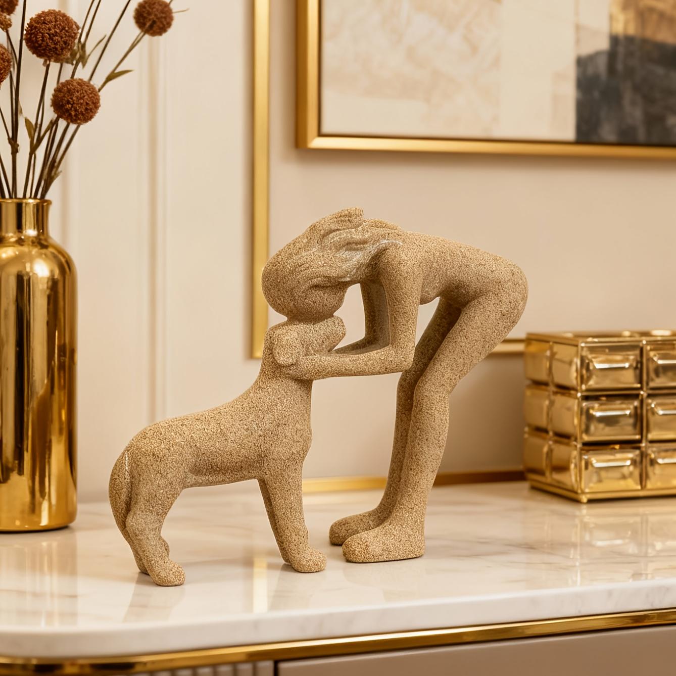 Woman Kissing Dog Resin Sculpture, Elegant Pet Interaction Art, Indoor Outdoor Home Decor, Durable Resin Figurine, Perfect Gift