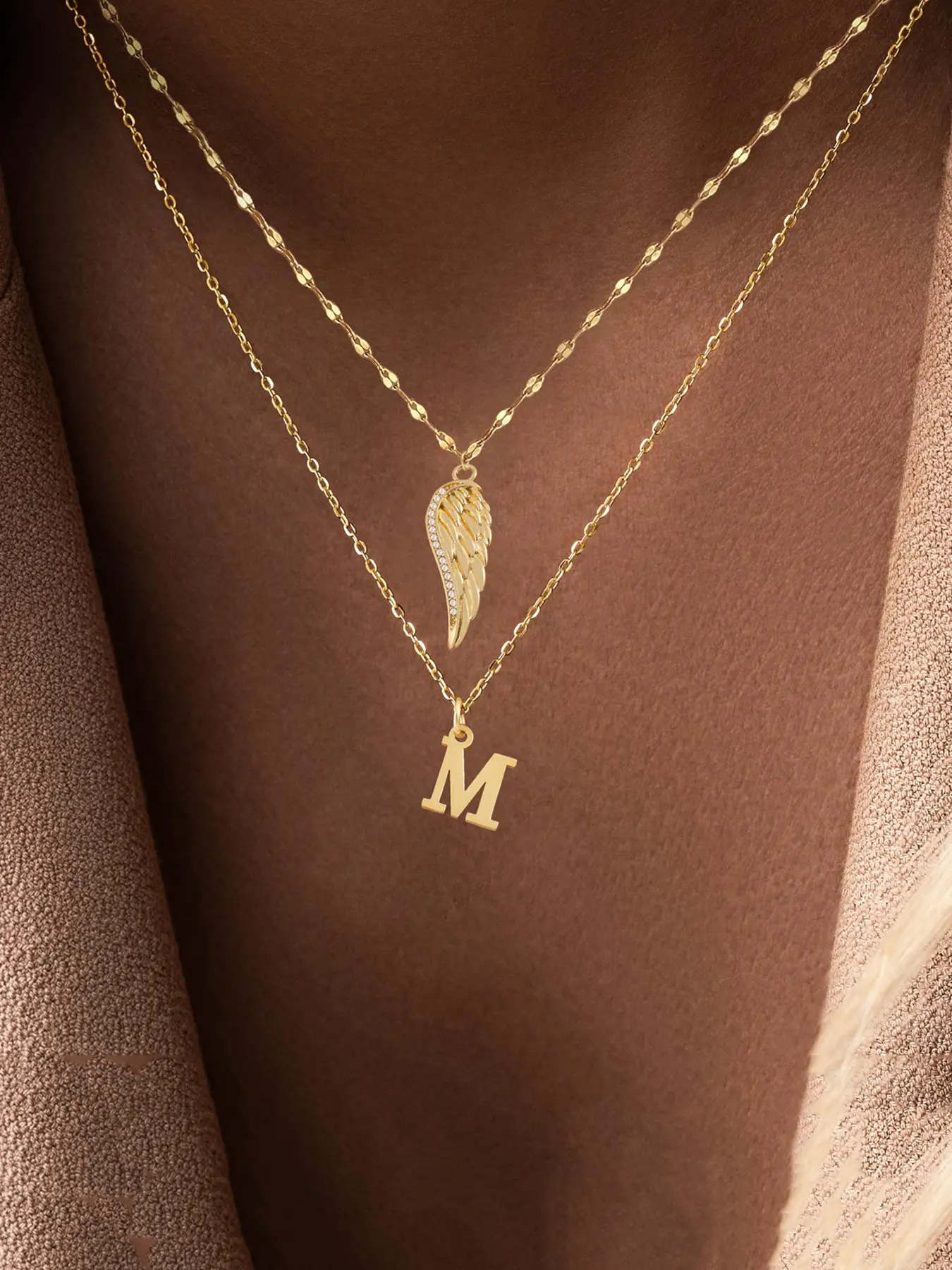 Elegant Zircon Angel Wing Initial Pendant Necklace, Stainless Steel Multi-Layer Chain, Fashionable Women's Jewelry Set
