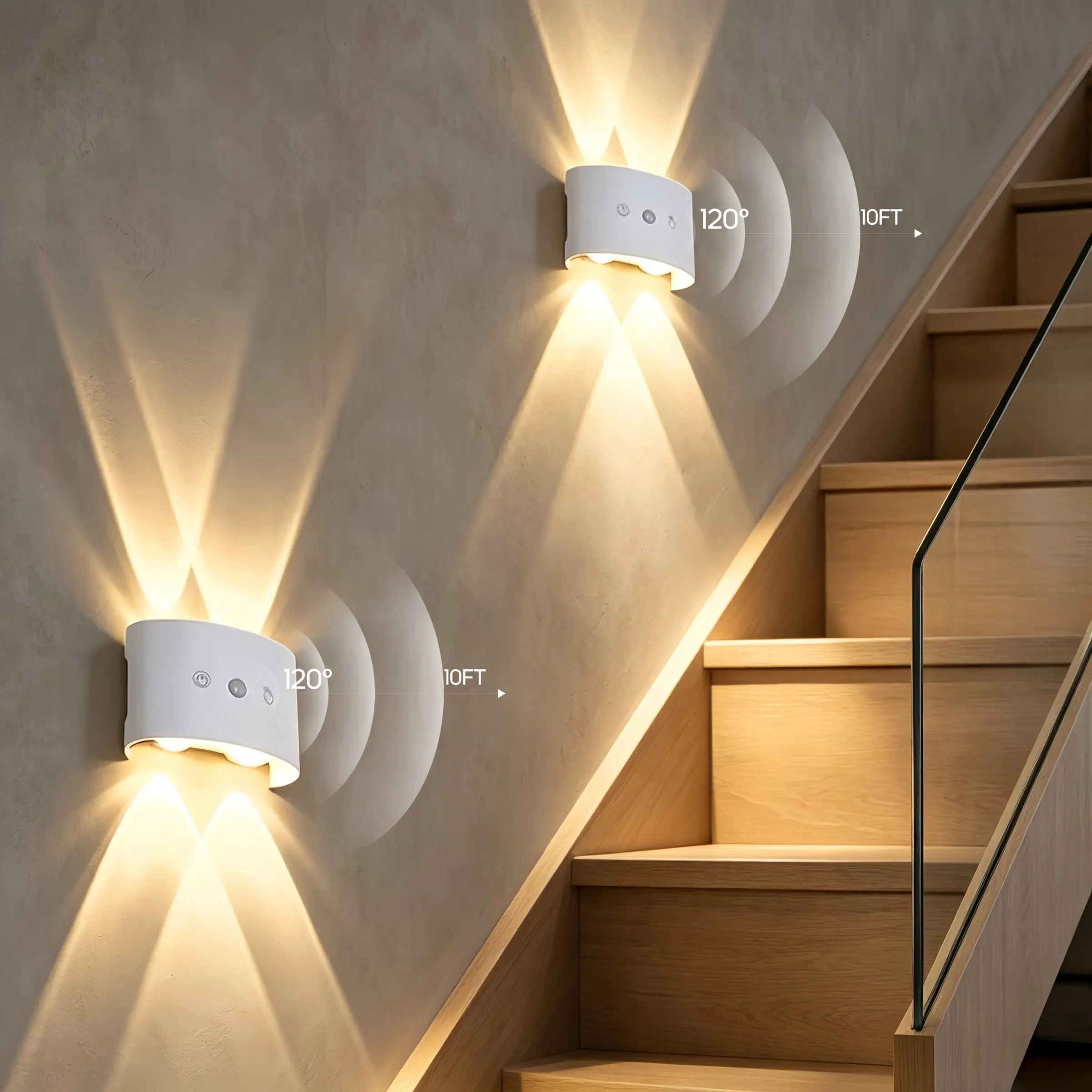 Three-Color Four-Head Motion Sensor Wall Light, USB Rechargeable Night Lamp, Touch Control, Slow Flash Mode, Magnetic Installation