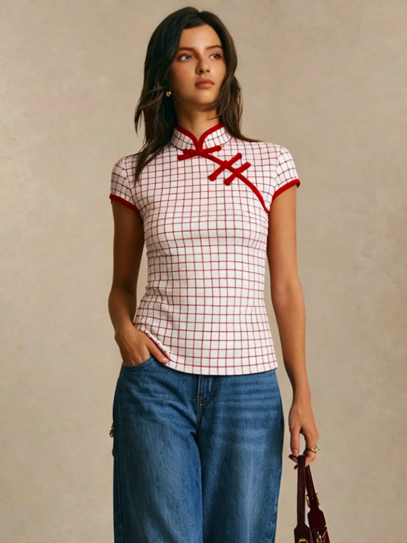 Women's Plaid Short Sleeve Top, Mandarin Neck Design, Traditional Qipao Style, Perfect for Summer Dating, Elegant and Comfortable