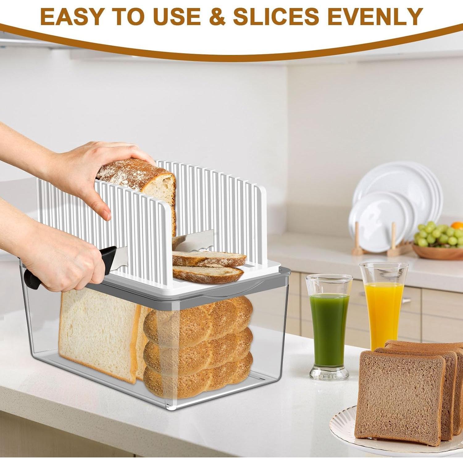 Upgrade Bread Slicer for Homemade Bread with Bread Box, Bread Slicing Guide Adjustable Width, Foldable and Compact  Guide with Crumb Tray, Suitability for Homemade Bread, Bagels,Cakes