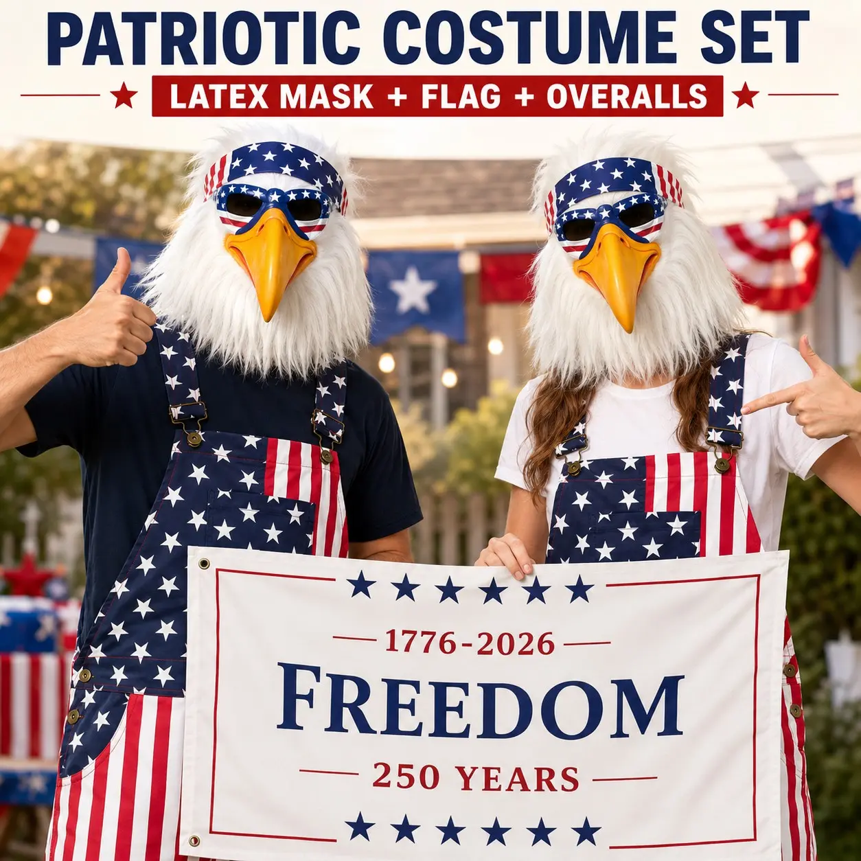 Patriotic Bald Eagle Latex Mask and American Flag Overalls Costume Set, Perfect for 4th of July Celebrations, Unique Cosplay