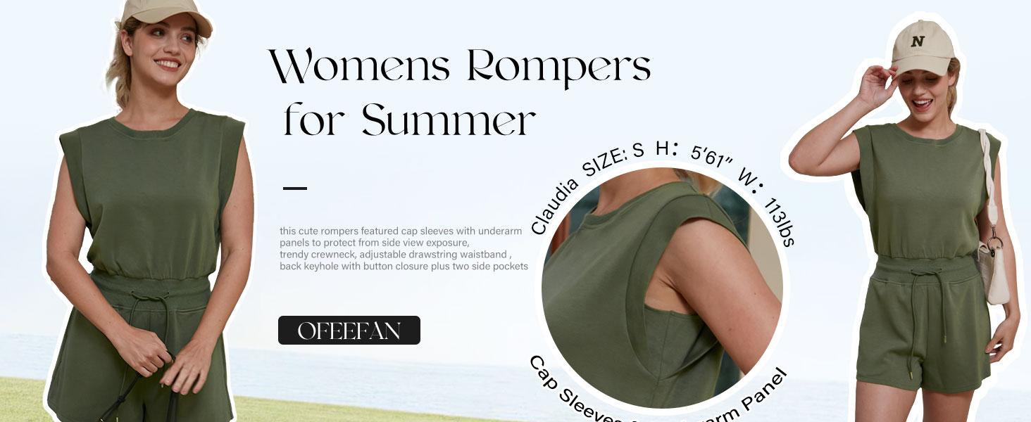 OFEEFAN Rompers for Women Summer Cap Sleeve Adjustable Drawstring Waistband Crewneck Casual Outfits with Pockets SpringStatements
