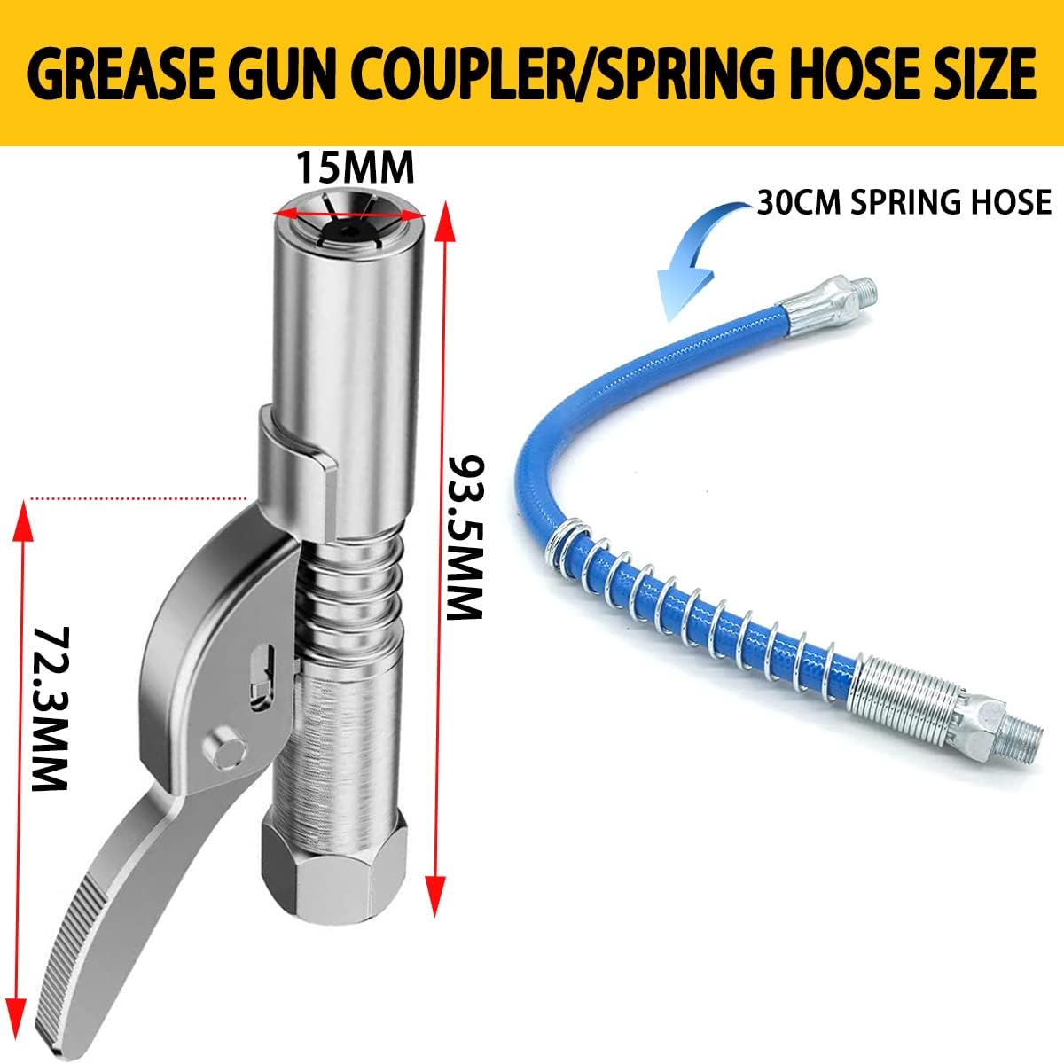 Coupler 2 count, Lock on Greases Couplers, 12000 PSI Quick Release Coupler with 12" Spring Flex Hose, Compatible with All 1/8" NPT Fittings Coupler 2 count, Lock on Greases Couplers, 12000 PSI Quick Release Coupler with 12" Spring Flex Hose, Compatible with All 1/8" NPT Fittings