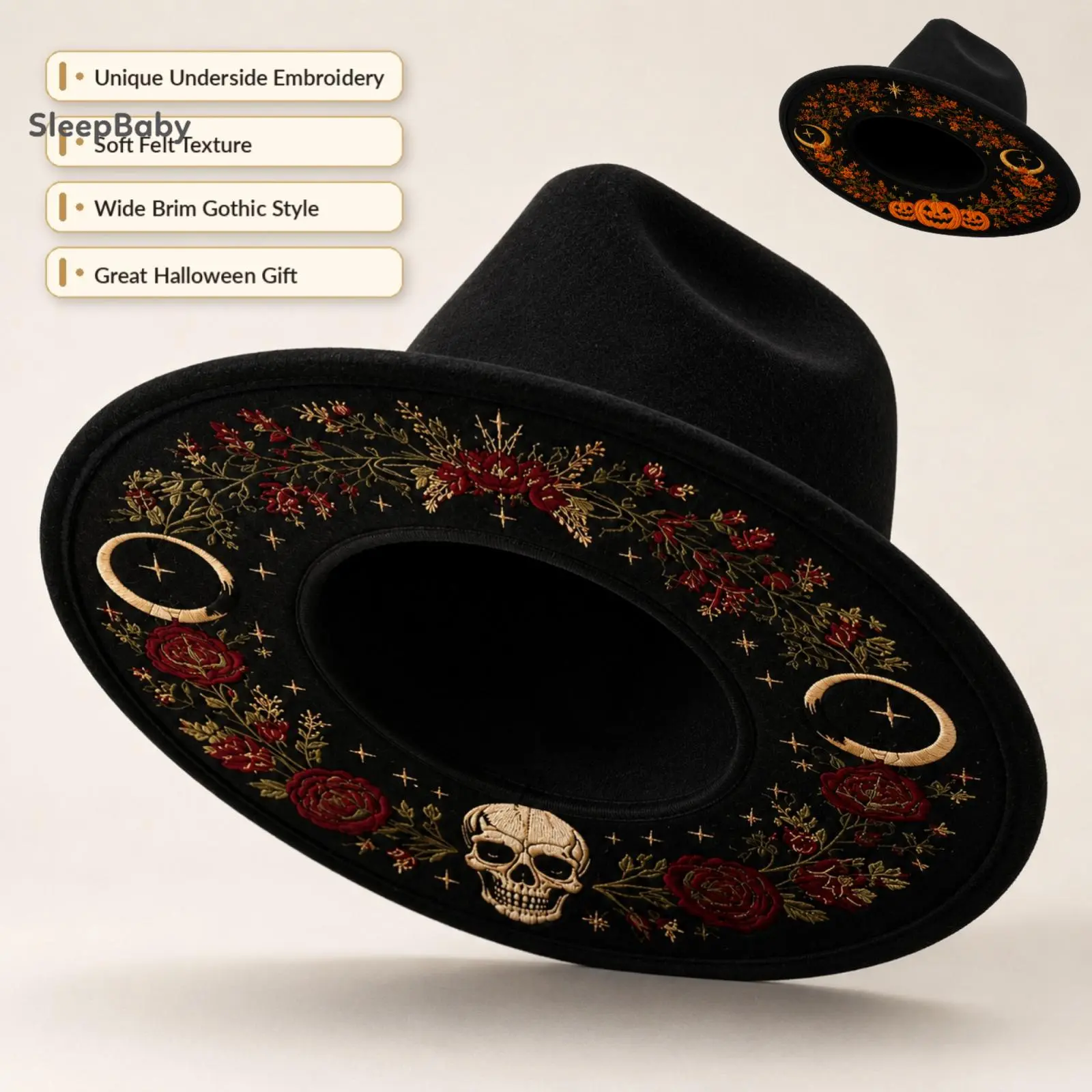 Adults Gothic Halloween Felt Fedora Hat, Wide Brim Hat with Pumpkin & Skull Rose Underside Embroidery, Cosplay Party Holiday Dress Up Hat