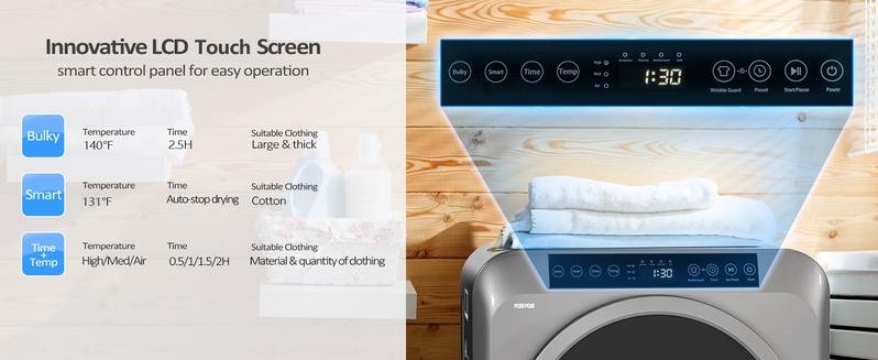 ROVSUN 13.2LB Portable Clothes Dryer, 3.5 Cu.Ft High End Front Load Tumble Laundry Dryer with LCD Touch Screen, Stainless Steel Tub for Apartment, Home, Dorm-110V, Luxury Grey Appliances