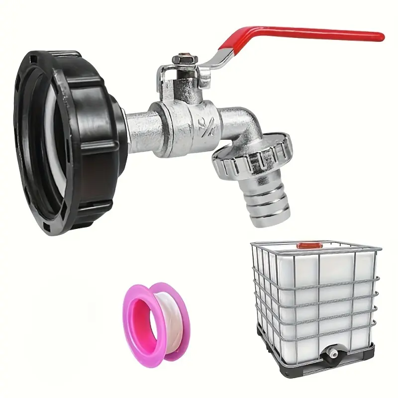 2-Pack (faucet +PTFE tape) universal metal IBC tank outlet valve adapter-courtyard water tank and lawn maintenance connector extension, compatible with European and American thread standards, PTFE tape color random.