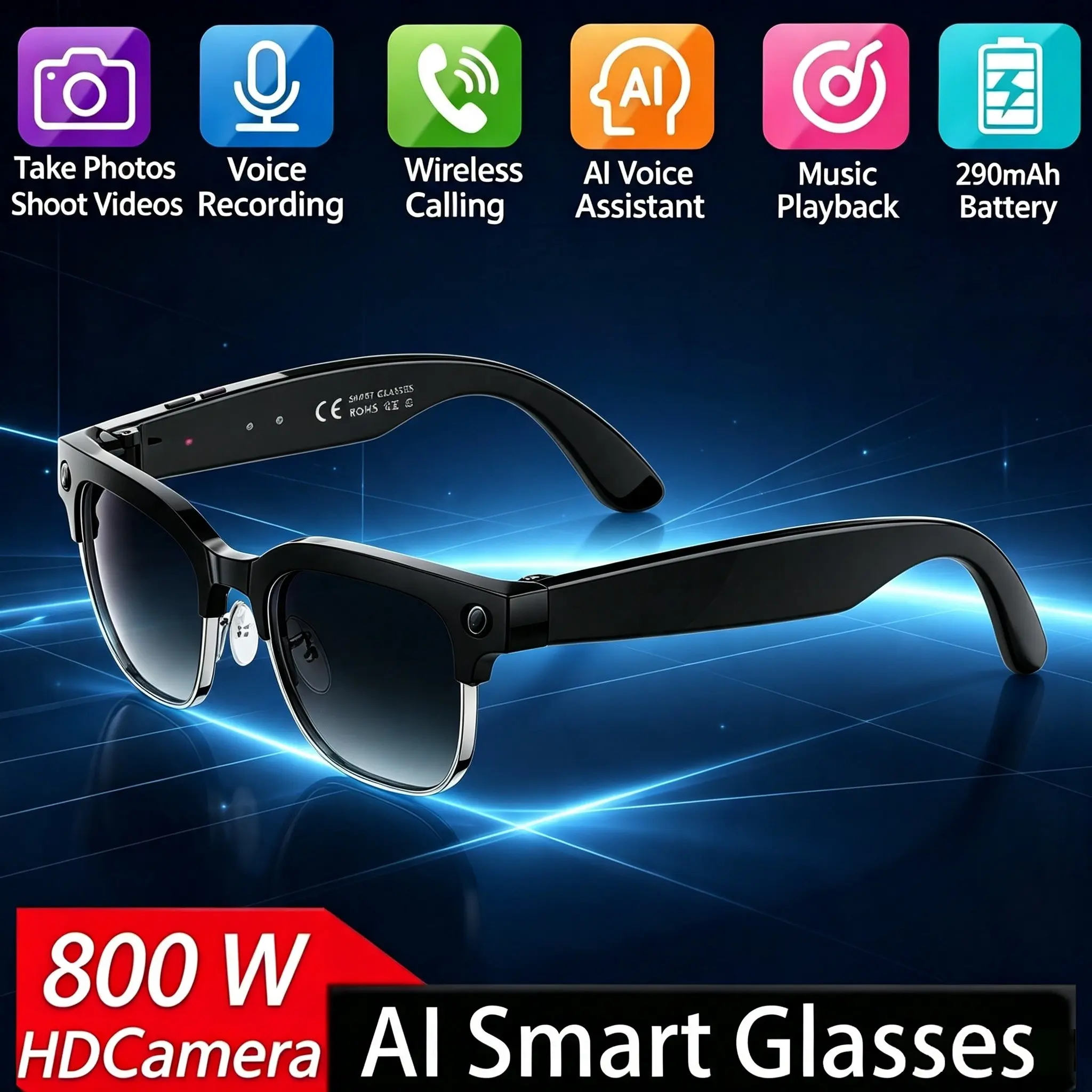 800W Pixel Camera Smart Glasses Men Video Recording AI Photo Recognition Bluetooth Call Voice Translation Sunglasses Man