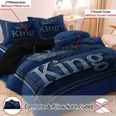 3pcs Royal Blue King Crown Print Duvet Cover Set, Luxury Bedroom Decor, for Stylish Rooms Bedroom Hotel, Bedroom Bedding Set, Decorative Duvet Cover (Includes 1 Duvet Cover and 2 Pillowcases,No Comforter, No Pillow)