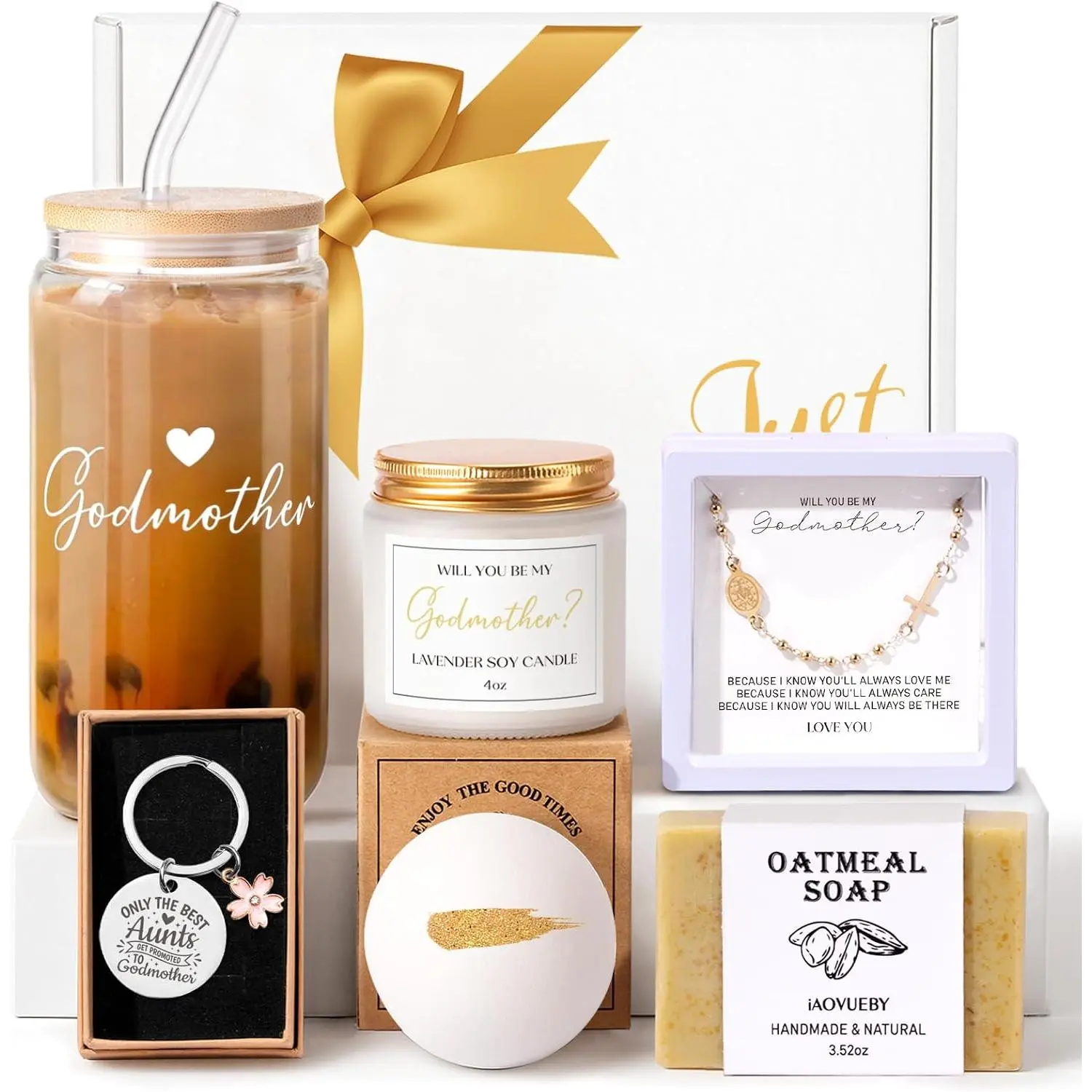iAOVUEBY 7PCS Godmother Proposal Gift, Will You Be My Godmother 16oz Glass Cup Bracelet Keychain Candle Self Care Gifts Basket for Women, God Mother Proposal Gift