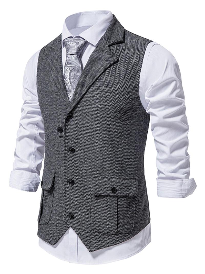 Men's Solid Button Front Pocket Suit Vest, Regular Fit Casual Formal Lapel Sleeveless Suit Vest for Work Office Business, Men's Clothes for All Seasons