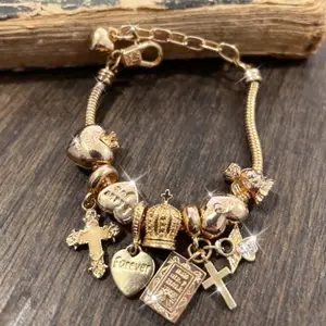 Gold Charm Bracelet For Women Girls Adjustable Snake Chain Detachable Cross Bible Book Crown Angel Forever Heart Pendants Religious Coquette Aesthetic Jewelry Gift Birthday