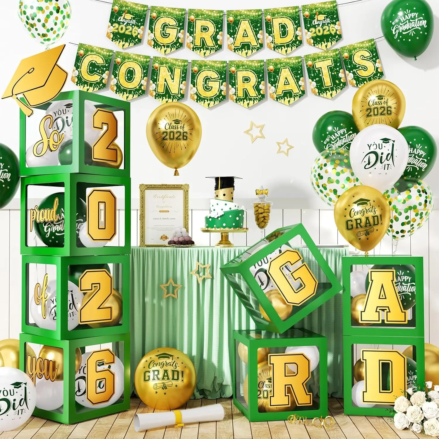 Green and Gold Graduation Party Decorations, Grad Balloon Boxes with Letters 2026 GRAD So Proud of You, Grad Balloons and Banner Decorations for Class of 2026 High School Graduation Decor