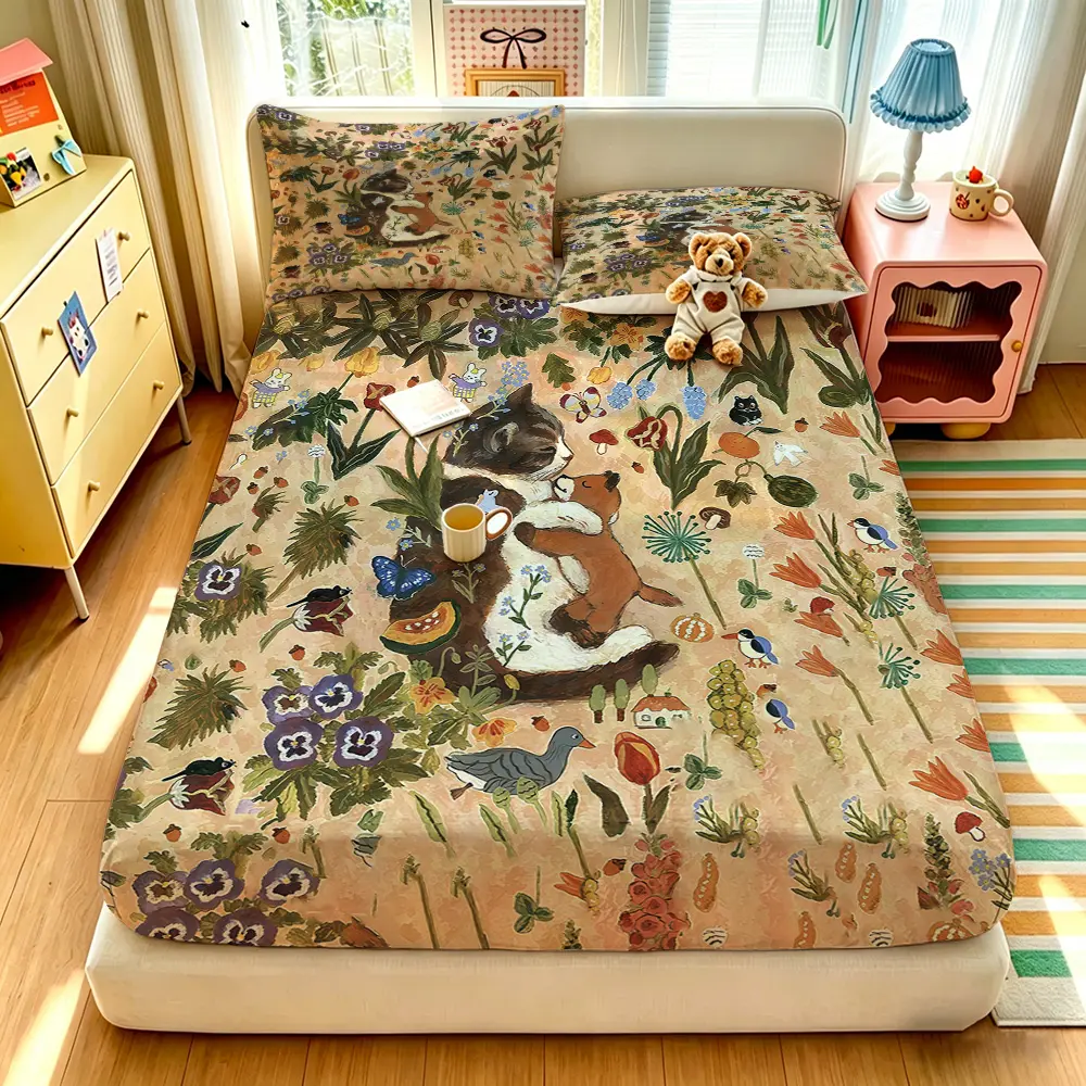 3pcs Retro Hand-painted Jungle Cat Floral Print Fitted Sheet Set, 1 Fitted Sheet + 2 Pillowcases, No Core, Soft Comfortable Bedspread, Deep Pocket Design, for All Rooms