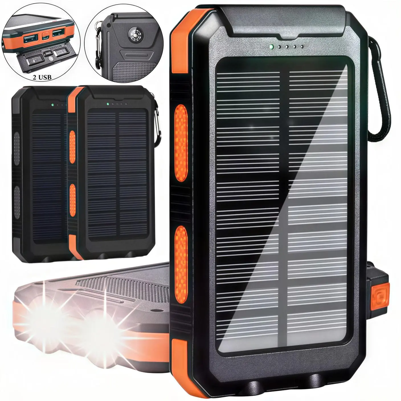 10000mAh Portable Solar Charger Power Bank with LED Flashlight - Dual USB-A Output, Waterproof Outdoor Emergency Supply, Led Light, Two Ports
