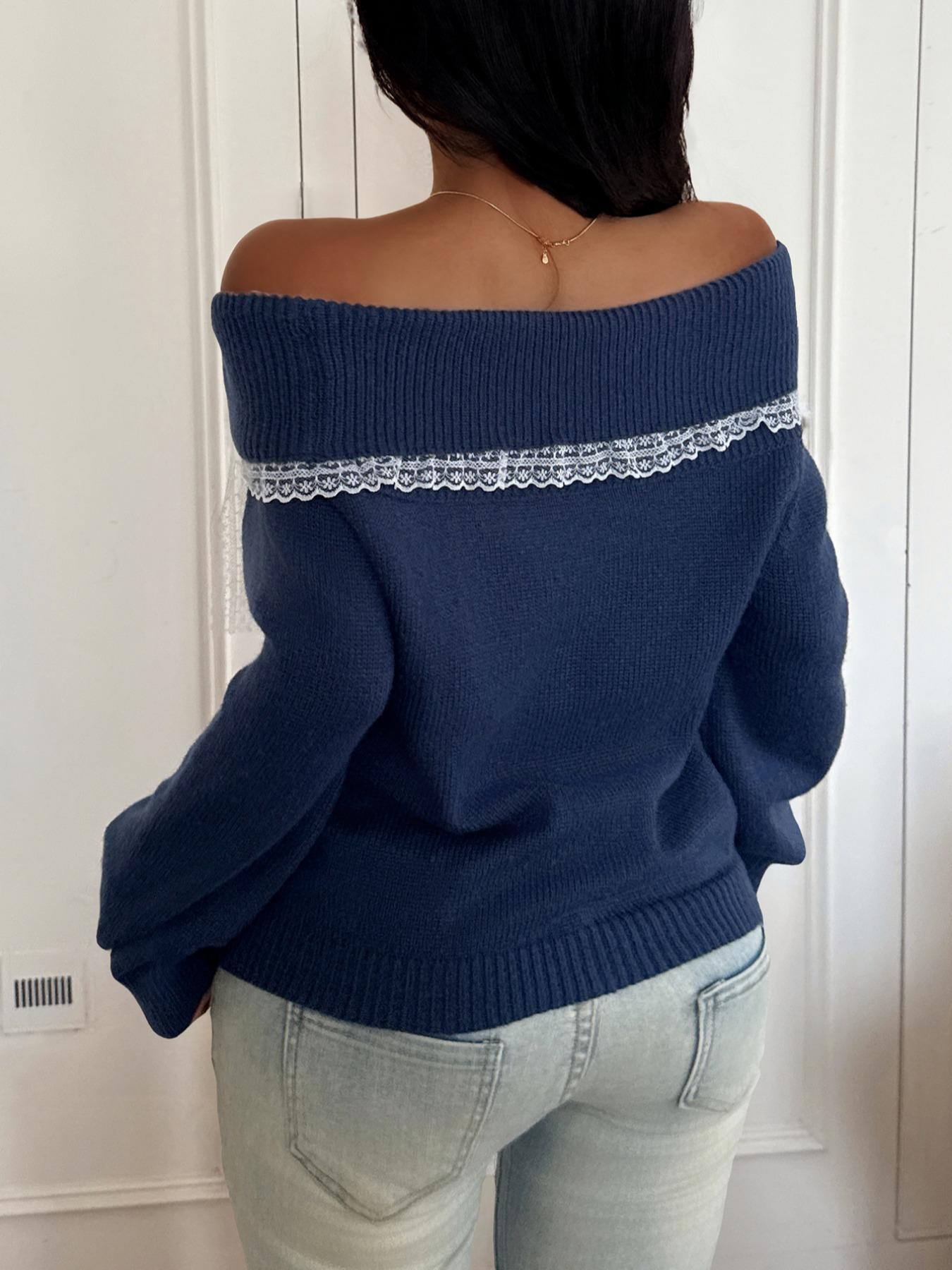 Women's off Shoulder Lace Bow Long Sleeve Pullover Sweater, Cute Knit Top for Fall & Winter, Casual Fashion for Ladies, Women Fall Outfit, Cute Winter Sweater for Women, Autumn Knitwear