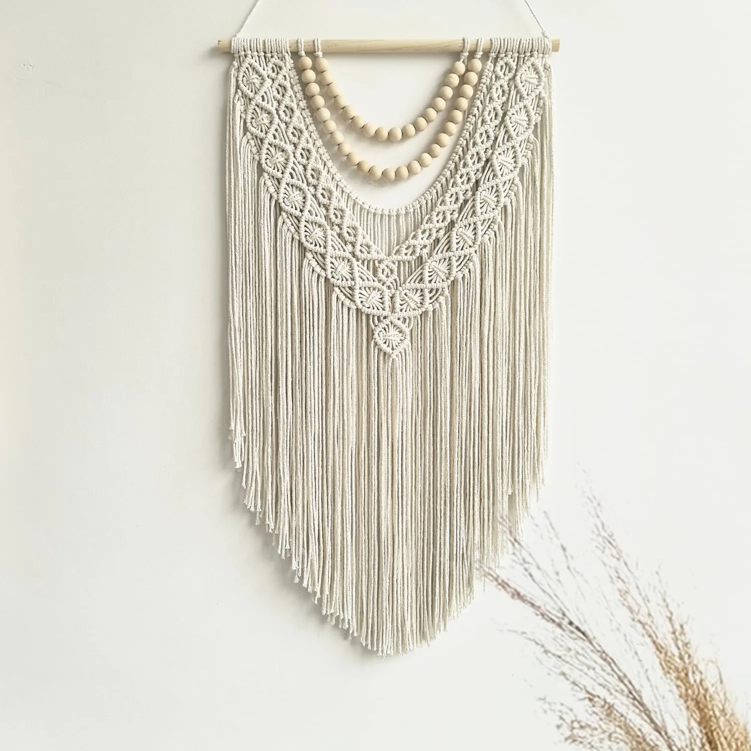 Wall Hanging Boho Geometric Woven Tapestry Cotton Handmade Bohemian Art Decor with Wood Bead Wall Decor for Bedroom Living Room Apartment Nursery 31.5" L x 17" W (Wood bead-B)