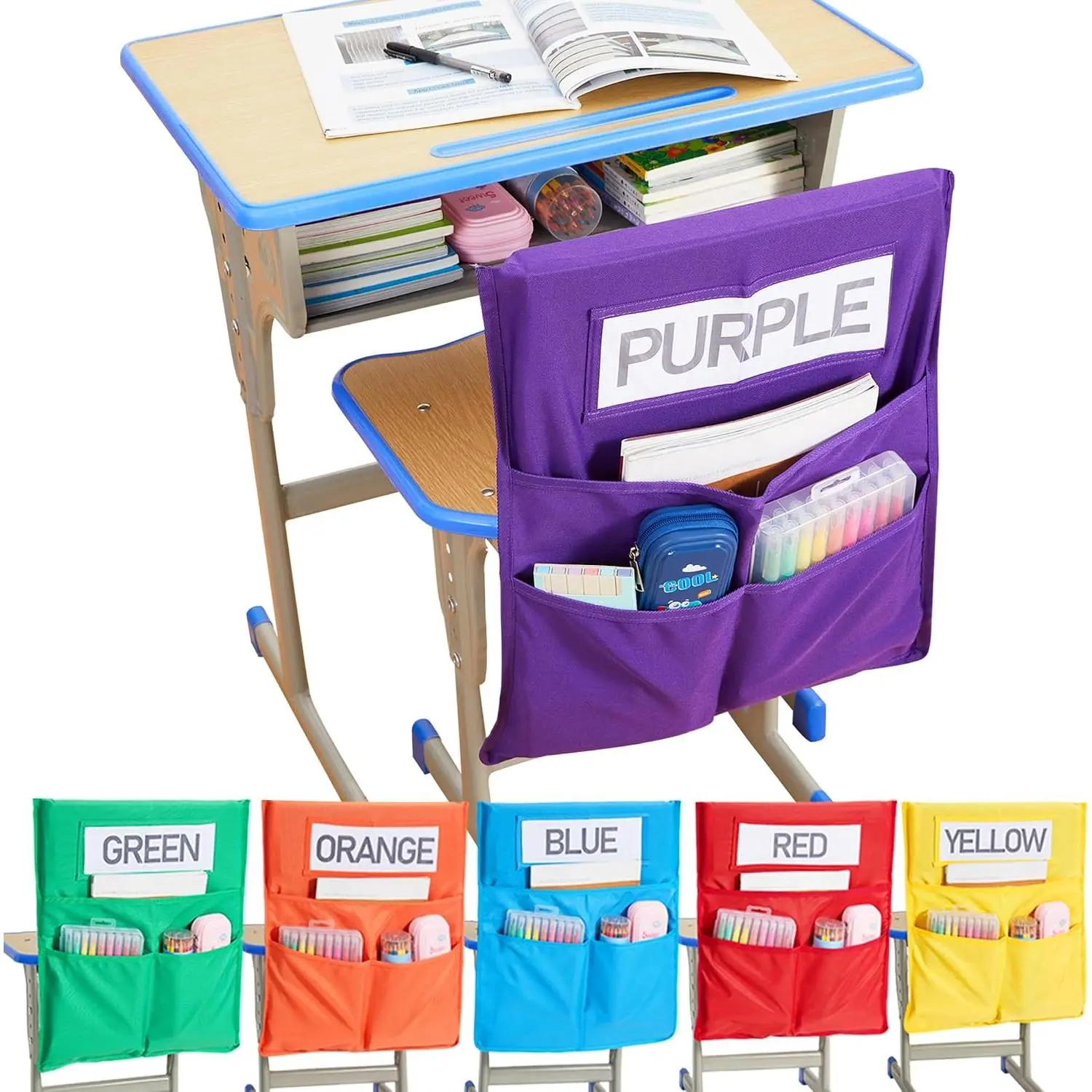 1/18 Pack Chair Pockets for Classrooms K-2 Chairback Buddy Pocket Chart with 3 Pockets and 1 Student Name Tag, Chair Bags Classroom Student Chair Pockets Organizer