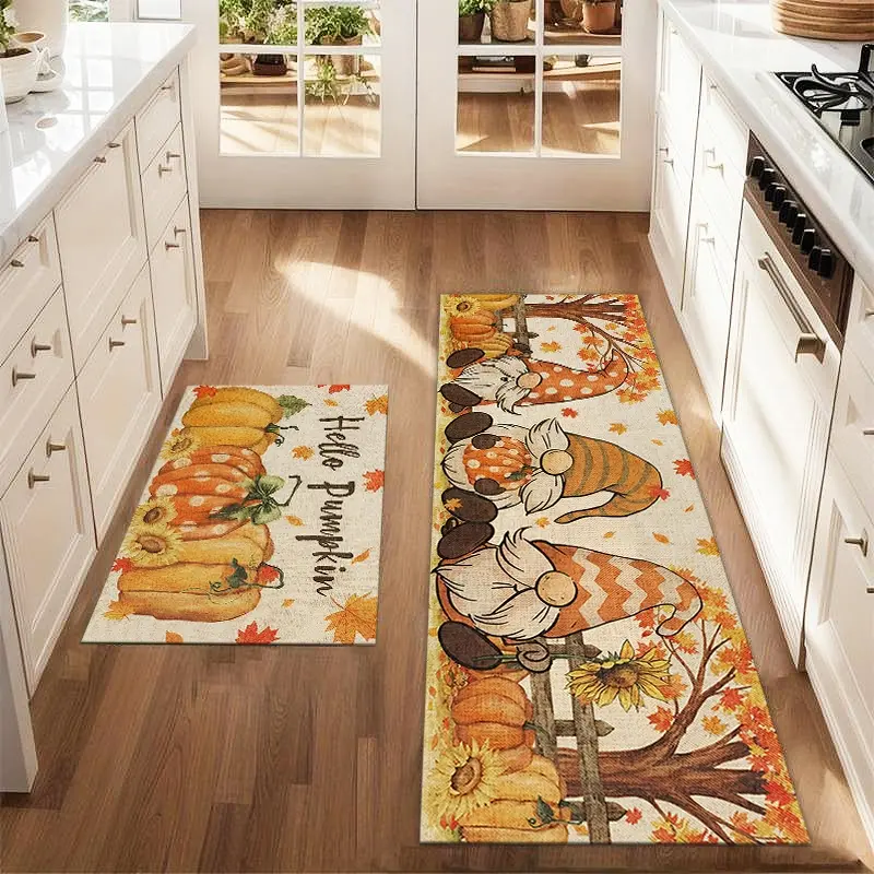 2Pcs Three-Piece Gnome Pumpkin Maple Leaf Thanksgiving Floor Mat Set, Suitable For Farmhouse Kitchen, Dining Room, Laundry Room, Decorative Carpet Mat